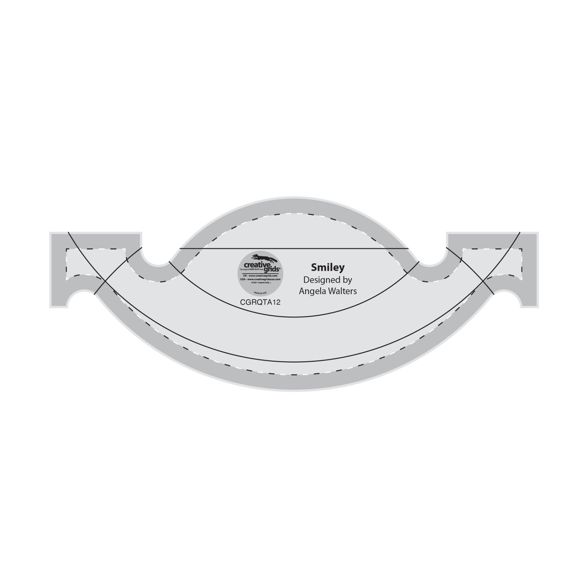 Creative Grids Smiley Machine Quilting Ruler CGRQTA12 by Angela Walters, wide curved tool with a small arc on top, a larger arc along the bottom, and a squared tab at each end, grayscale render on white: black and white dashed lines along both arcs and the end tabs, solid black curved lines across the tool, a solid black horizontal line under the top arc, gray non-slip grip bands along the edges, and the Creative Grids logo circle.