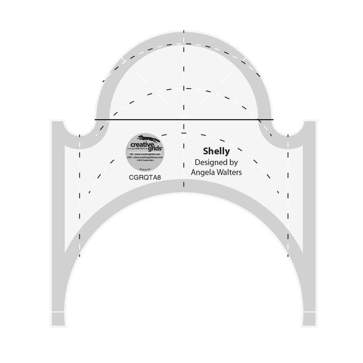 Creative Grids Shelly Machine Quilting Ruler CGRQTA8 by Angela Walters, tool with a half-circle dome on top and a large arch cut from the bottom, grayscale render on white: black and white dashed arcs inside the dome and across the body, dashed vertical lines at the center and near each side, a solid black line across the base of the dome, short white lines fanning out inside the dome, gray non-slip grip bands along the edges, and the Creative Grids logo circle.