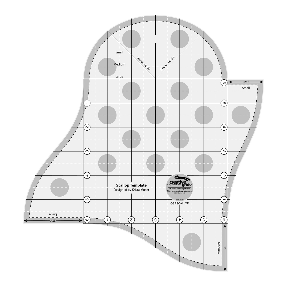 Creative Grids Scallop Template CGRSCALLOP by Krista Moser, curved template with scalloped edges, grayscale render on white: Small, Medium, and Large scallop edges marked 1 1/2, 2, and 2 1/2 inches, two diagonal Corner Guide lines, a square grid with circled numbers 1 to 6 on three sides, a white dashed grid, a dashed line inside the curved edges, gray non-slip grip dots, and the Creative Grids logo circle.