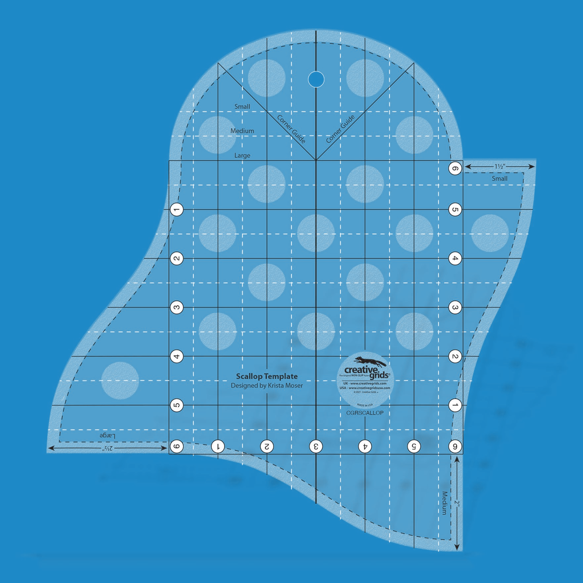 Creative Grids Scallop Template CGRSCALLOP by Krista Moser in translucent blue acrylic with Small, Medium, and Large scallop edges marked 1 1/2, 2, and 2 1/2 inches, two Corner Guide lines, a grid with circled numbers 1 to 6, and the Designed by Krista Moser credit.