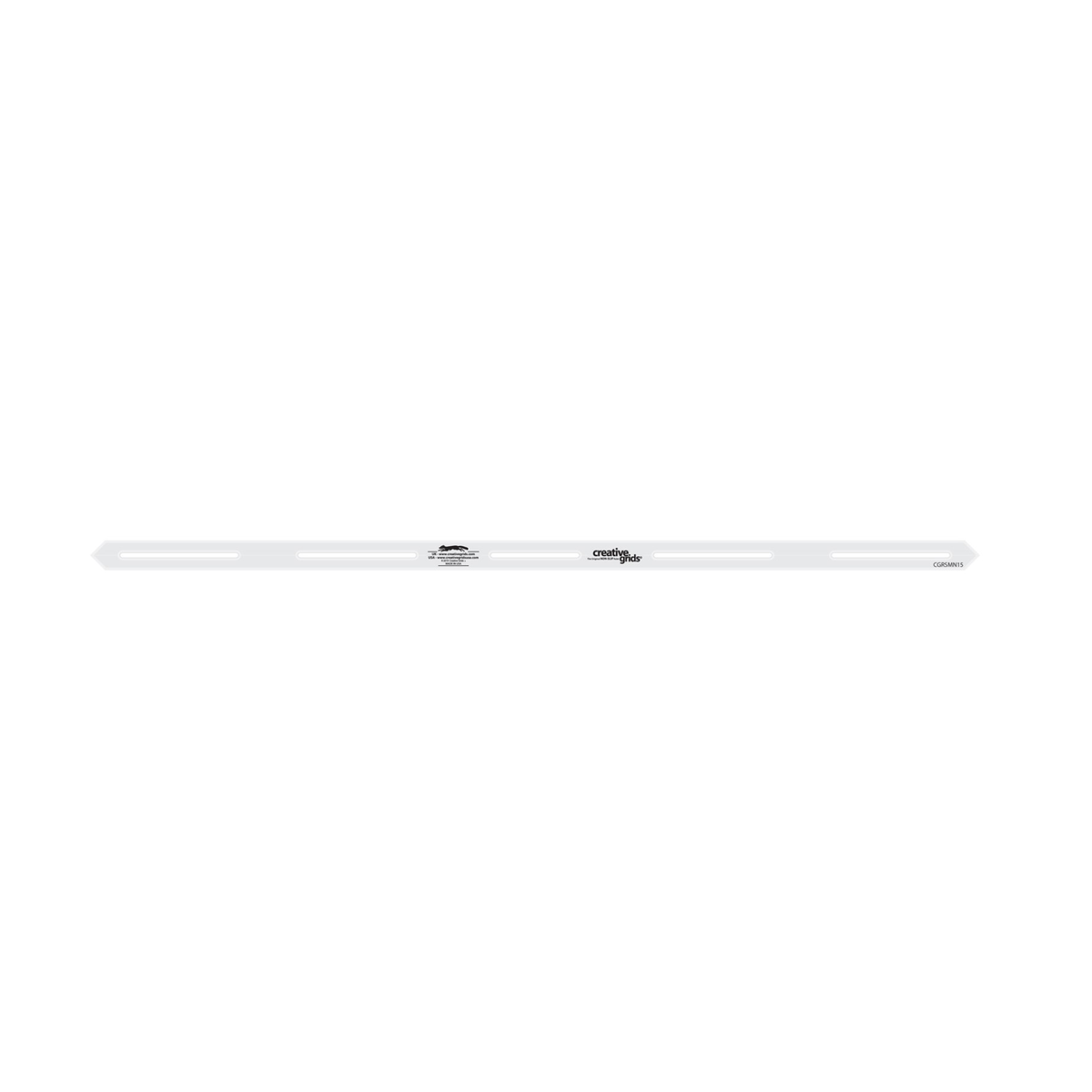 Creative Grids 15-Inch Seam Guide Tool CGRSMN15 by It's Sew Emma, narrow 1/2 x 15 inch strip with pointed ends, grayscale render on white: five marking slots along the center, the Creative Grids logo between the slots, and CGRSMN15 printed near one end.