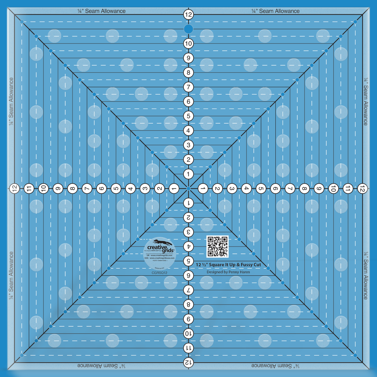 Creative Grids 12-1/2in Square It Up or Fussy Cut Square quilt ruler by Penny Haren in Smartisans brand blue. Same square acrylic ruler showing the centered horizontal, vertical, and diagonal lines, quarter-inch seam-allowance edges, printed 1in solid squares, and drilled marking holes used to square up blocks and fussy cut motifs. Item CGRSQ12.