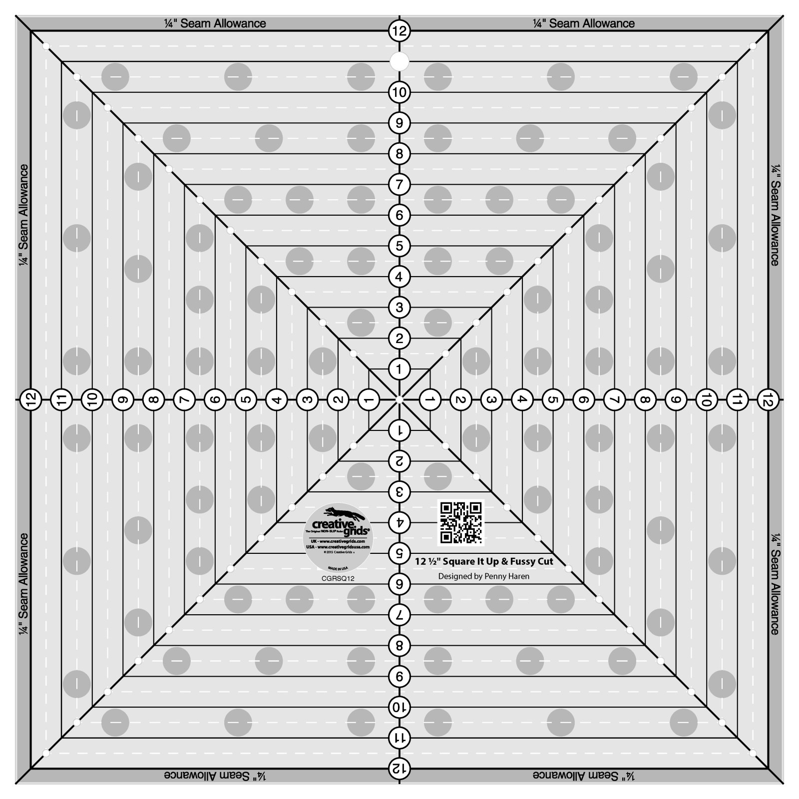 Creative Grids 12-1/2in Square It Up or Fussy Cut Square quilt ruler by Penny Haren, grayscale render on white. Clear acrylic square marked with centered horizontal, vertical, and diagonal black lines, a 1/4in seam allowance around every edge, printed 1in solid squares for fussy cutting, and drilled marking holes at the half-inch points. Item CGRSQ12.