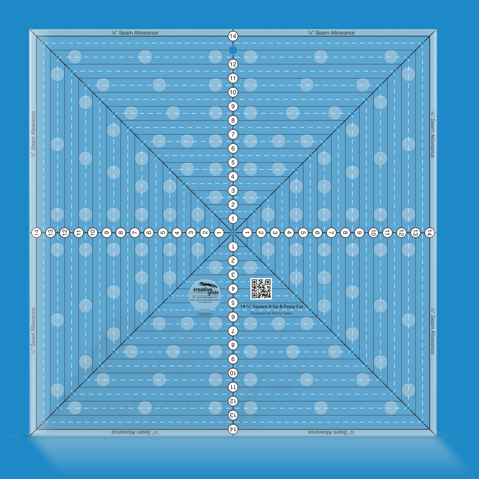 Creative Grids 14-1/2in Square It Up or Fussy Cut Square quilt ruler by Penny Haren in Smartisans brand blue. Same square acrylic ruler showing the centered horizontal, vertical, and diagonal lines, quarter-inch seam-allowance edges, printed 1in solid squares, and drilled marking holes used to square up blocks and fussy cut motifs. Item CGRSQ14.