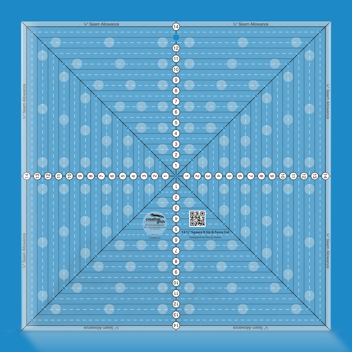 Creative Grids 14-1/2in Square It Up or Fussy Cut Square quilt ruler by Penny Haren in Smartisans brand blue. Same square acrylic ruler showing the centered horizontal, vertical, and diagonal lines, quarter-inch seam-allowance edges, printed 1in solid squares, and drilled marking holes used to square up blocks and fussy cut motifs. Item CGRSQ14.