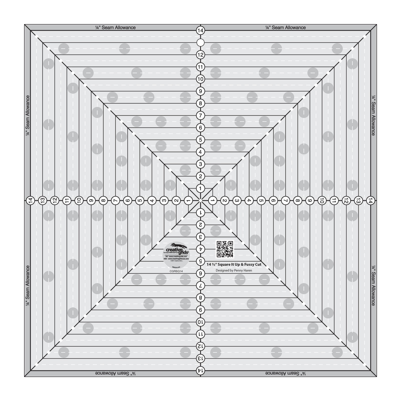 Creative Grids 14-1/2in Square It Up or Fussy Cut Square quilt ruler by Penny Haren, grayscale render on white. Clear acrylic square marked with centered horizontal, vertical, and diagonal black lines, a 1/4in seam allowance around every edge, printed 1in solid squares for fussy cutting, and drilled marking holes at the half-inch points. Item CGRSQ14.