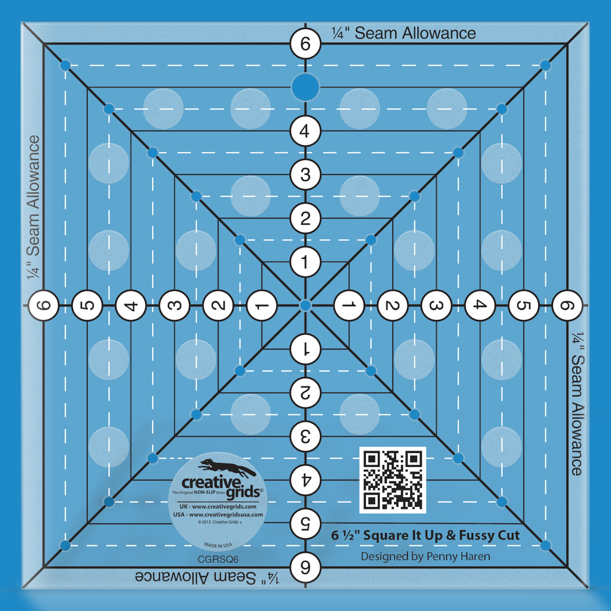 Creative Grids 6-1/2in Square It Up or Fussy Cut Square quilt ruler by Penny Haren in Smartisans brand blue. Same square acrylic ruler showing the centered horizontal, vertical, and diagonal lines, quarter-inch seam-allowance edges, printed 1in solid squares, and drilled marking holes used to square up blocks and fussy cut motifs. Item CGRSQ6.