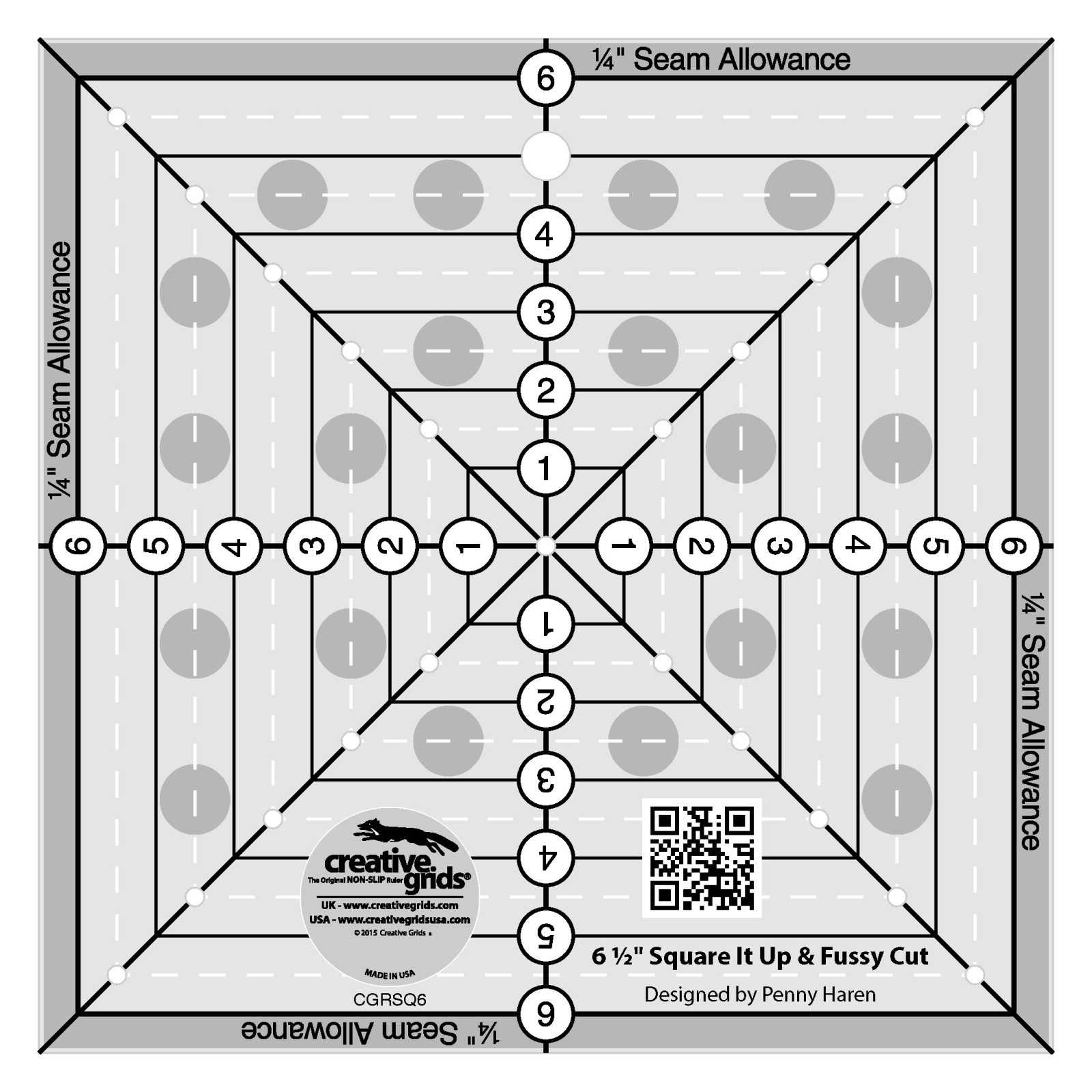 Creative Grids 6-1/2in Square It Up or Fussy Cut Square quilt ruler by Penny Haren, grayscale render on white. Clear acrylic square marked with centered horizontal, vertical, and diagonal black lines, a 1/4in seam allowance around every edge, printed 1in solid squares for fussy cutting, and drilled marking holes at the half-inch points. Item CGRSQ6.