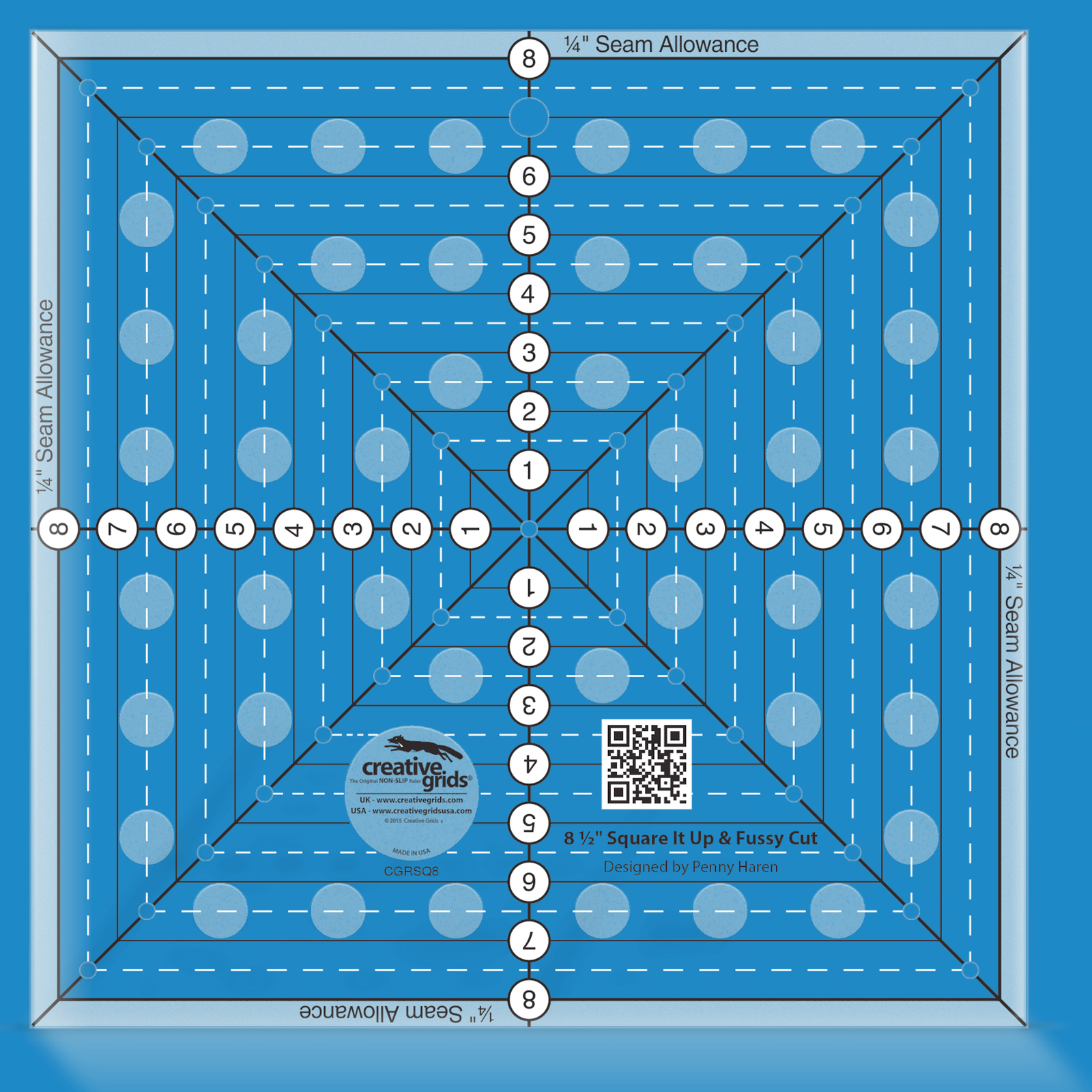 Creative Grids 8-1/2in Square It Up or Fussy Cut Square quilt ruler by Penny Haren in Smartisans brand blue. Same square acrylic ruler showing the centered horizontal, vertical, and diagonal lines, quarter-inch seam-allowance edges, printed 1in solid squares, and drilled marking holes used to square up blocks and fussy cut motifs. Item CGRSQ8.