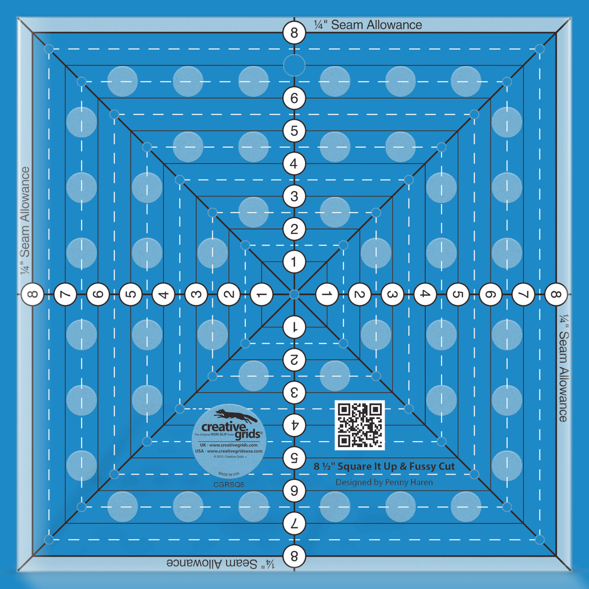 Creative Grids 8-1/2in Square It Up or Fussy Cut Square quilt ruler by Penny Haren in Smartisans brand blue. Same square acrylic ruler showing the centered horizontal, vertical, and diagonal lines, quarter-inch seam-allowance edges, printed 1in solid squares, and drilled marking holes used to square up blocks and fussy cut motifs. Item CGRSQ8.