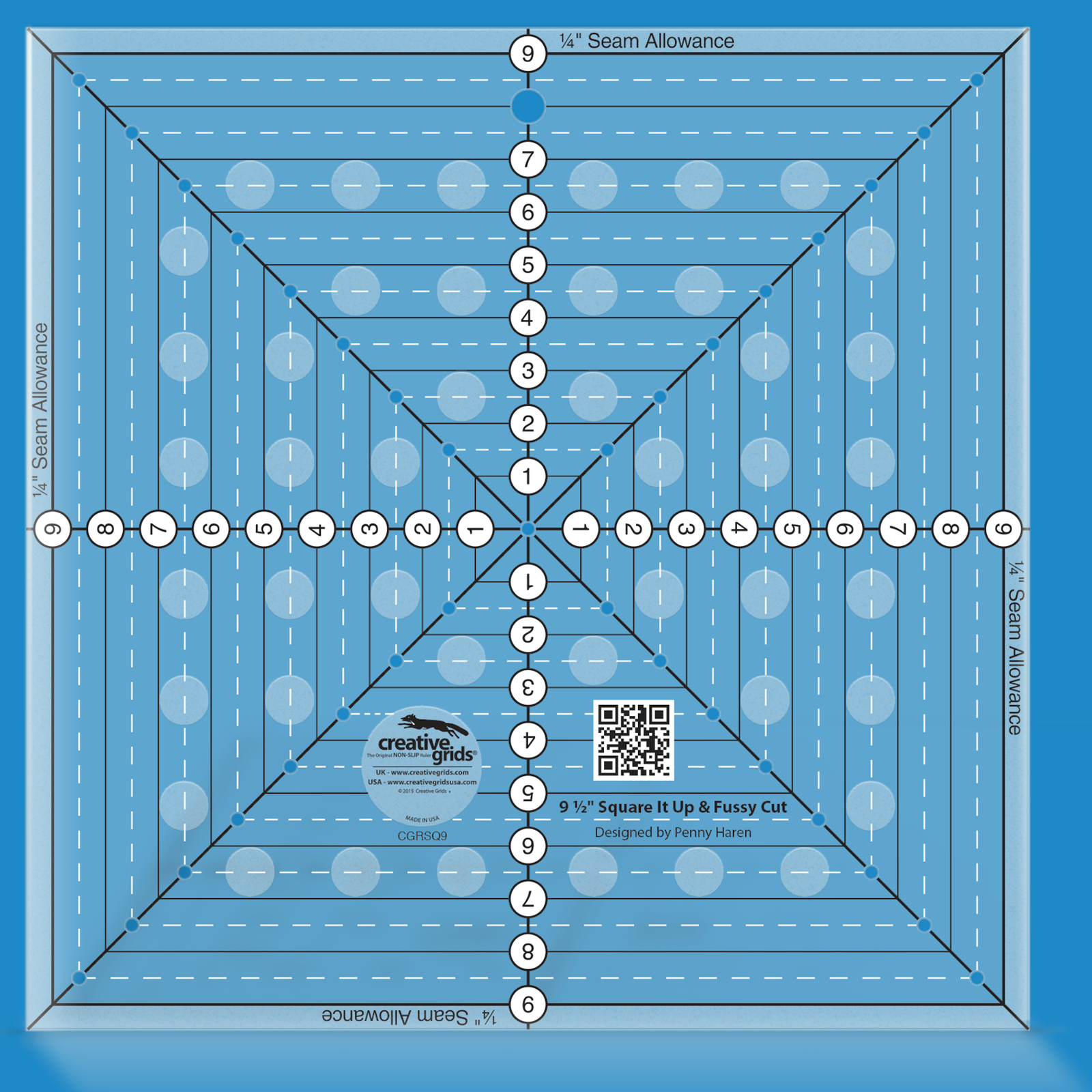 Creative Grids 9-1/2in Square It Up or Fussy Cut Square quilt ruler by Penny Haren in Smartisans brand blue. Same square acrylic ruler showing the centered horizontal, vertical, and diagonal lines, quarter-inch seam-allowance edges, printed 1in solid squares, and drilled marking holes used to square up blocks and fussy cut motifs. Item CGRSQ9.