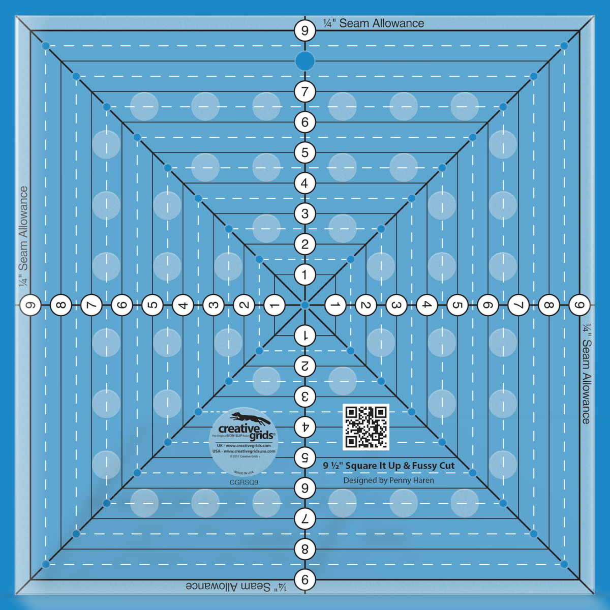 Creative Grids 9-1/2in Square It Up or Fussy Cut Square quilt ruler by Penny Haren in Smartisans brand blue. Same square acrylic ruler showing the centered horizontal, vertical, and diagonal lines, quarter-inch seam-allowance edges, printed 1in solid squares, and drilled marking holes used to square up blocks and fussy cut motifs. Item CGRSQ9.