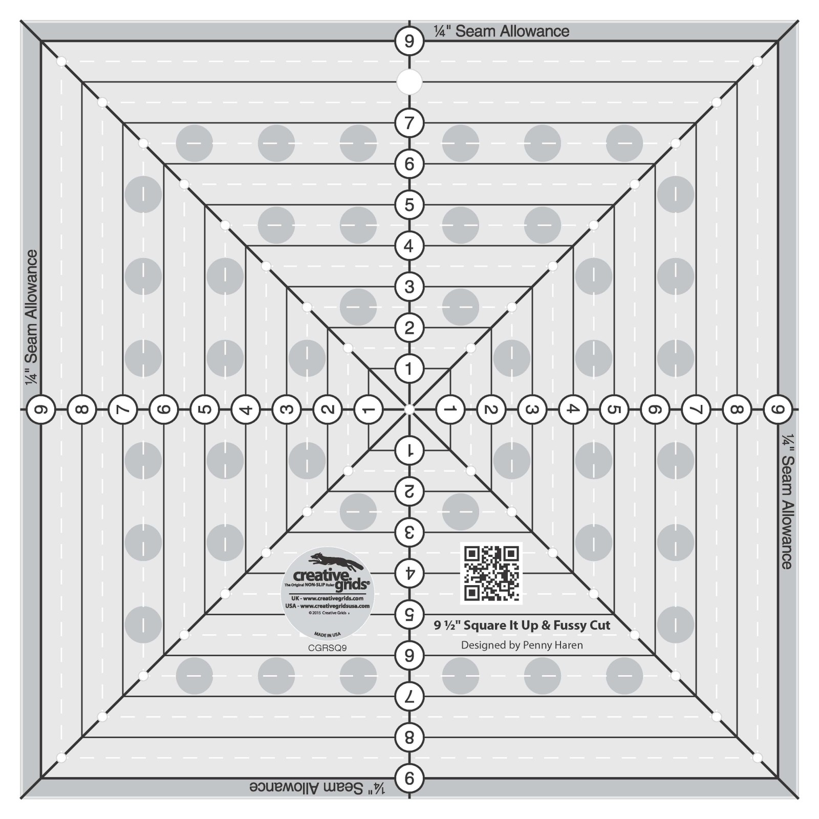 Creative Grids 9-1/2in Square It Up or Fussy Cut Square quilt ruler by Penny Haren, grayscale render on white. Clear acrylic square marked with centered horizontal, vertical, and diagonal black lines, a 1/4in seam allowance around every edge, printed 1in solid squares for fussy cutting, and drilled marking holes at the half-inch points. Item CGRSQ9.