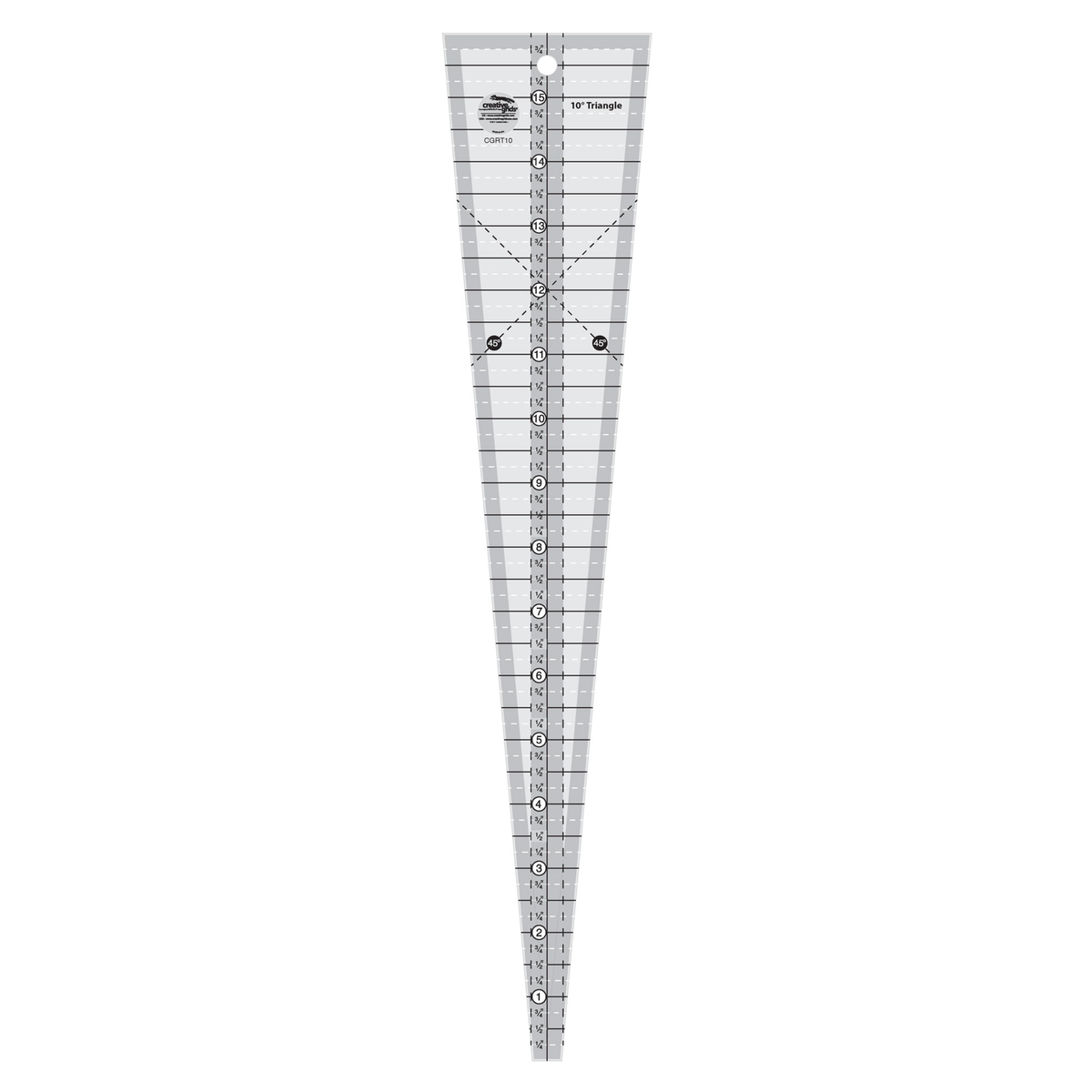 Creative Grids 10 Degree Triangle CGRT10, long narrow wedge ruler, grayscale render on white: a center inch scale labeled 1/4 to 15 3/4 inches, solid black whole and half inch lines, white dashed 1/4 and 3/4 inch lines, a center line between two dashed lines, two crossing dashed 45 degree lines, gray bands along the edges and down the center, a hang hole, the printed name 10 Degree Triangle, and the Creative Grids logo circle.