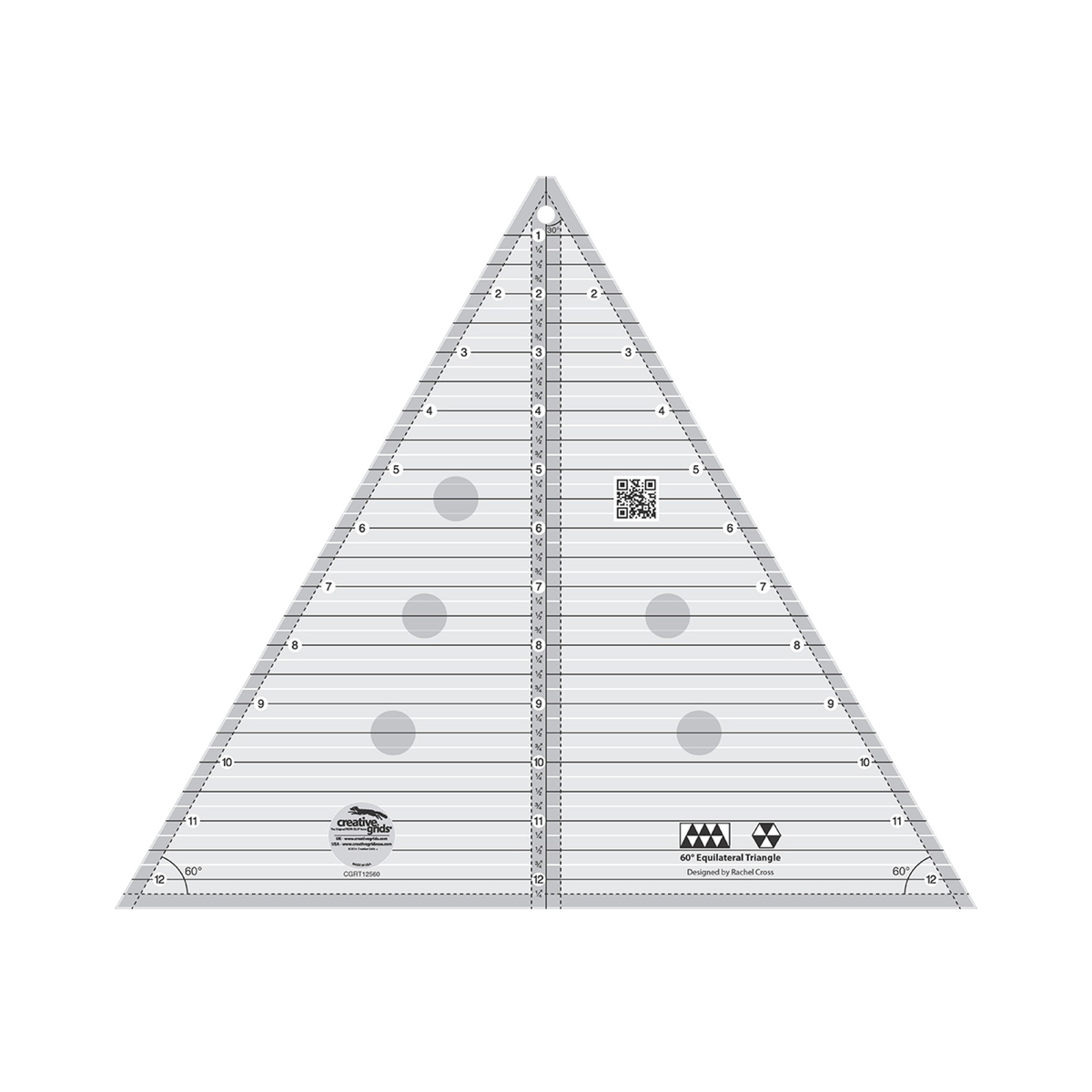 Creative Grids 60 Degree 12 1/2 Inch Triangle CGRT12560 by Rachel Cross, equilateral triangle ruler, grayscale render on white: horizontal lines every 1/4 inch numbered 1 to 12 down the center and 2 to 12 along both sides, a solid vertical center line with dashed 1/4 inch seam allowance lines on both sides, dashed seam allowance lines inside the edges, 30 and 60 degree angle labels, triangle-row and hexagon block icons, a QR code, gray non-slip grip dots, and the Creative Grids logo circle.