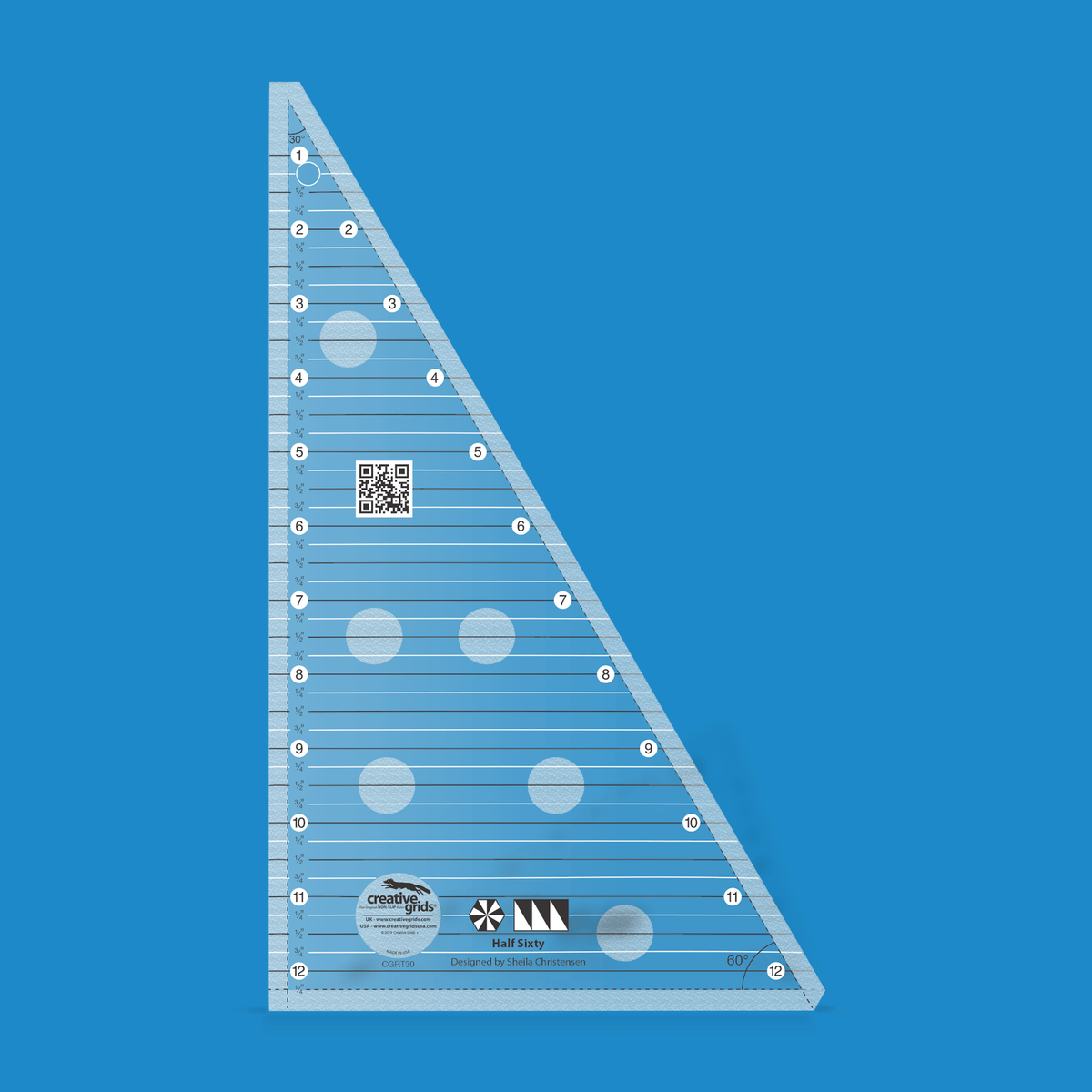 Creative Grids Half Sixty Triangle CGRT30 by Sheila Christensen in translucent blue acrylic with horizontal lines numbered 1 to 12, dashed seam allowance lines, 30 and 60 degree angle labels, QR code, and pieced hexagon and triangle-row block icons above the Designed by Sheila Christensen credit.