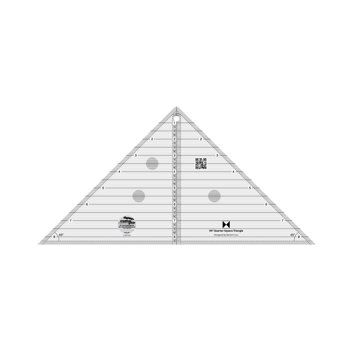 Creative Grids 90 Degree Quarter-Square Triangle CGRT90 by Rachel Cross, triangle ruler, grayscale render on white: horizontal lines every 1/4 inch numbered 1 to 8 down the center and 2 to 8 along both short sides, a vertical center line in a dashed 1/4 inch seam allowance band, dashed seam allowance lines inside the edges, 90 and 45 degree angle labels, a quarter-square triangle block icon, a QR code, gray non-slip grip dots, and the Creative Grids logo circle.