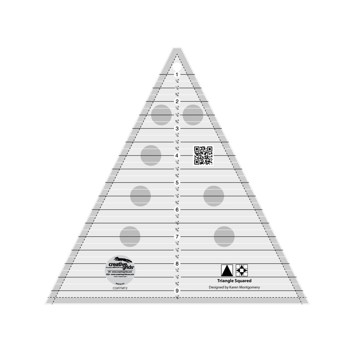 Creative Grids Triangle Squared Ruler CGRTMT2 by Karen Montgomery, triangle ruler, grayscale render on white: horizontal lines every 1/4 inch, black at the whole and half inches and white at the quarters, numbered 1 to 9 down the center, dashed seam lines inside both slanted edges and the base, a triangle in a square icon and a star block icon, a QR code, gray non-slip grip dots, and the Creative Grids logo circle.