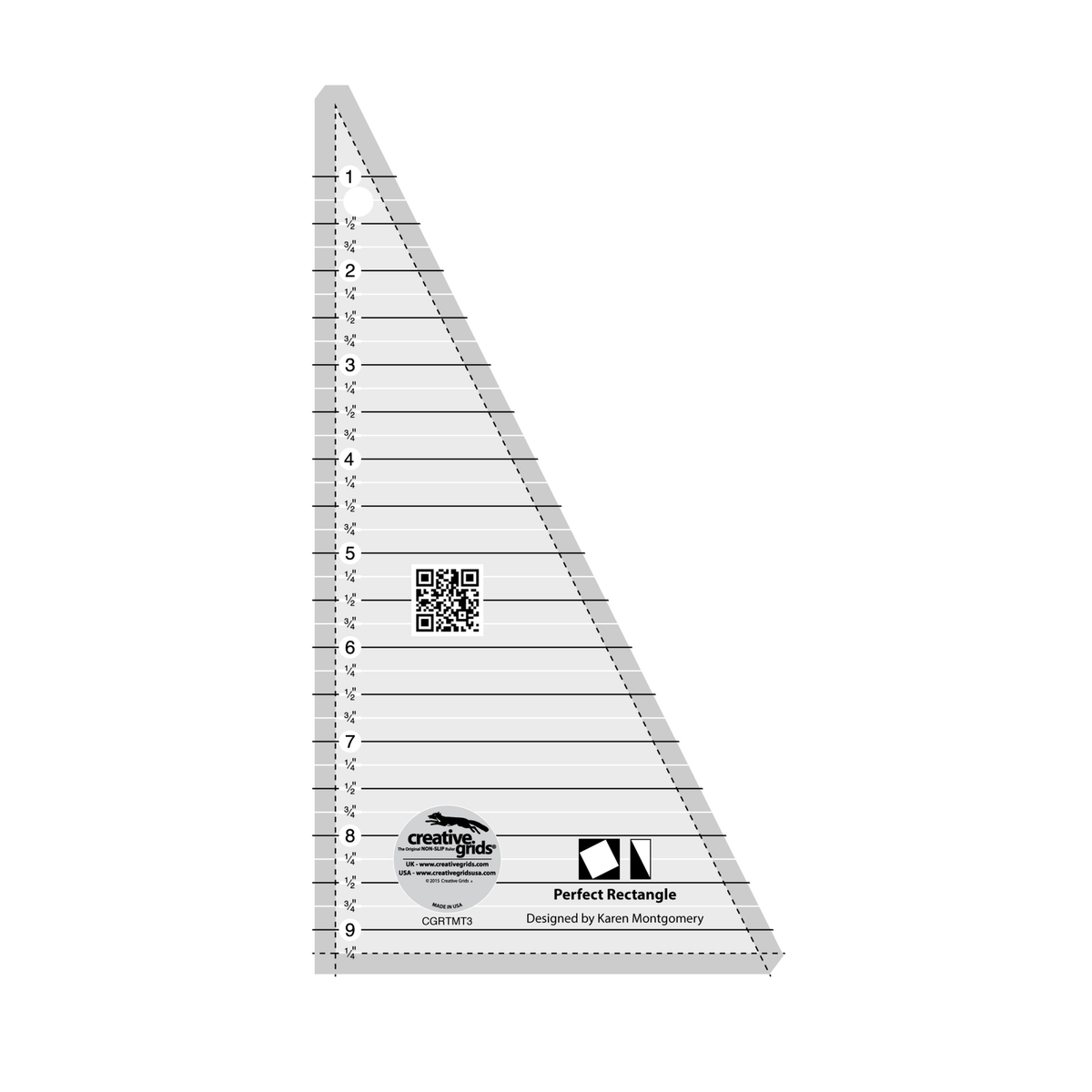 Creative Grids Perfect Rectangle Ruler CGRTMT3 by Karen Montgomery, tall right triangle with a blunt top tip, grayscale render on white: horizontal lines every 1/4 inch, black at the whole and half inches and white at the quarters, numbered 1 to 9 along the straight side, dashed seam lines inside the straight side, the slanted side, and the base, a tilted square block icon and a half-rectangle icon, a QR code, and the Creative Grids logo circle.
