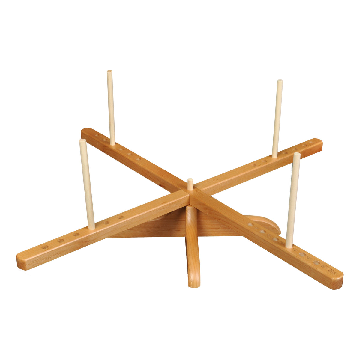 ChiaoGoo Amish-style wood yarn swift on a white background. Two flat wood arms cross on a center post, and four pale pegs stand upright in the arms.