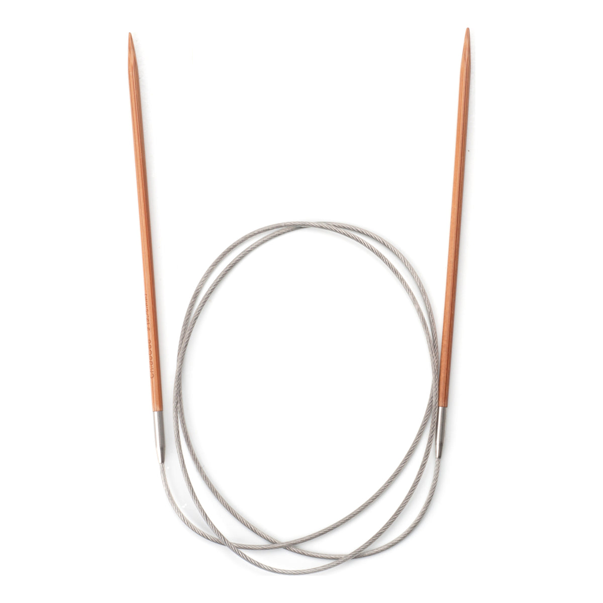 ChiaoGoo 32-inch bamboo circular knitting needle in a small size on a white background. Two slim brown bamboo tips stand upright with the points up, and a thin coated steel cable coils between them.