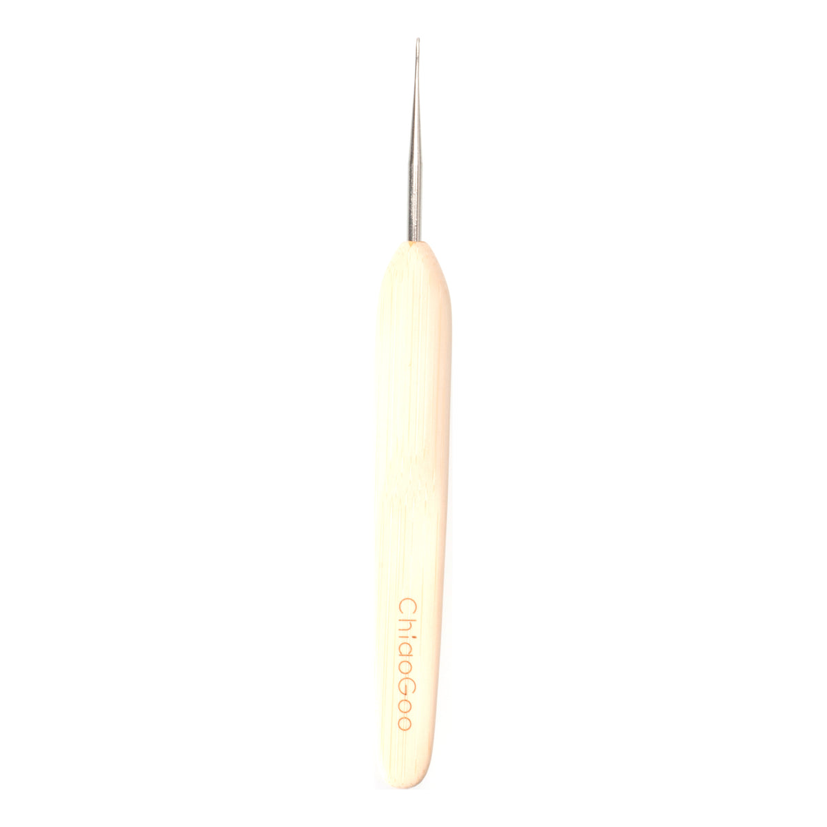 ChiaoGoo crochet hook in a fine steel size, upright on a white background. A thin steel shaft rises from a pale bamboo handle, and the handle carries the ChiaoGoo name.
