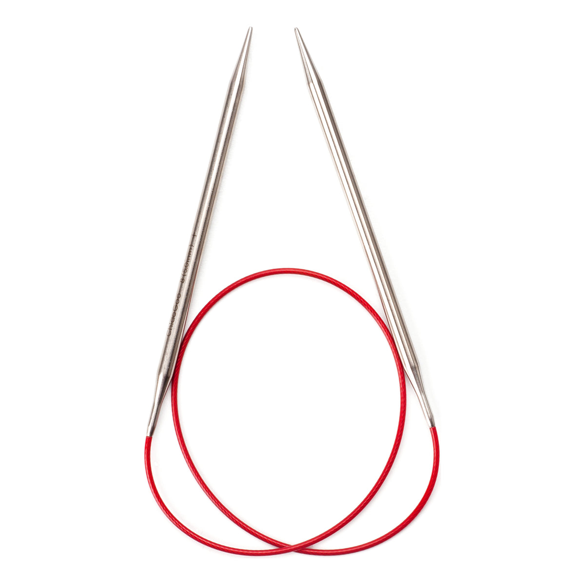 ChiaoGoo Red Lace 24-inch fixed circular knitting needle in surgical stainless steel, on a white background. The two straight tips point up, and the red cable makes a loop below them. The laser marking on one tip reads ChiaoGoo 8.
