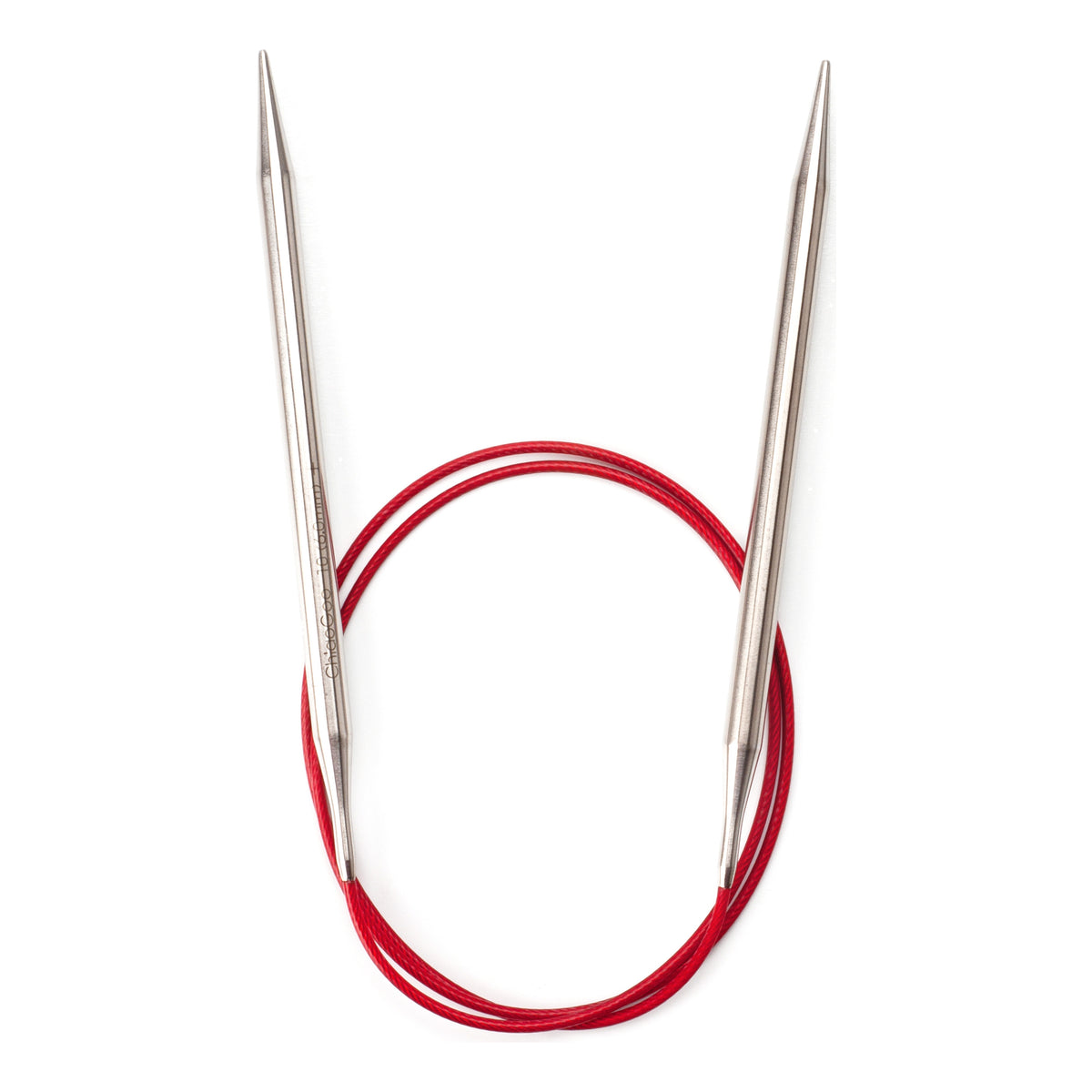 ChiaoGoo Red Lace 32-inch fixed circular knitting needle in surgical stainless steel, on a white background. The two straight tips point up, and the red cable coils twice below them. The laser marking on one tip reads ChiaoGoo 10 (6.0mm).