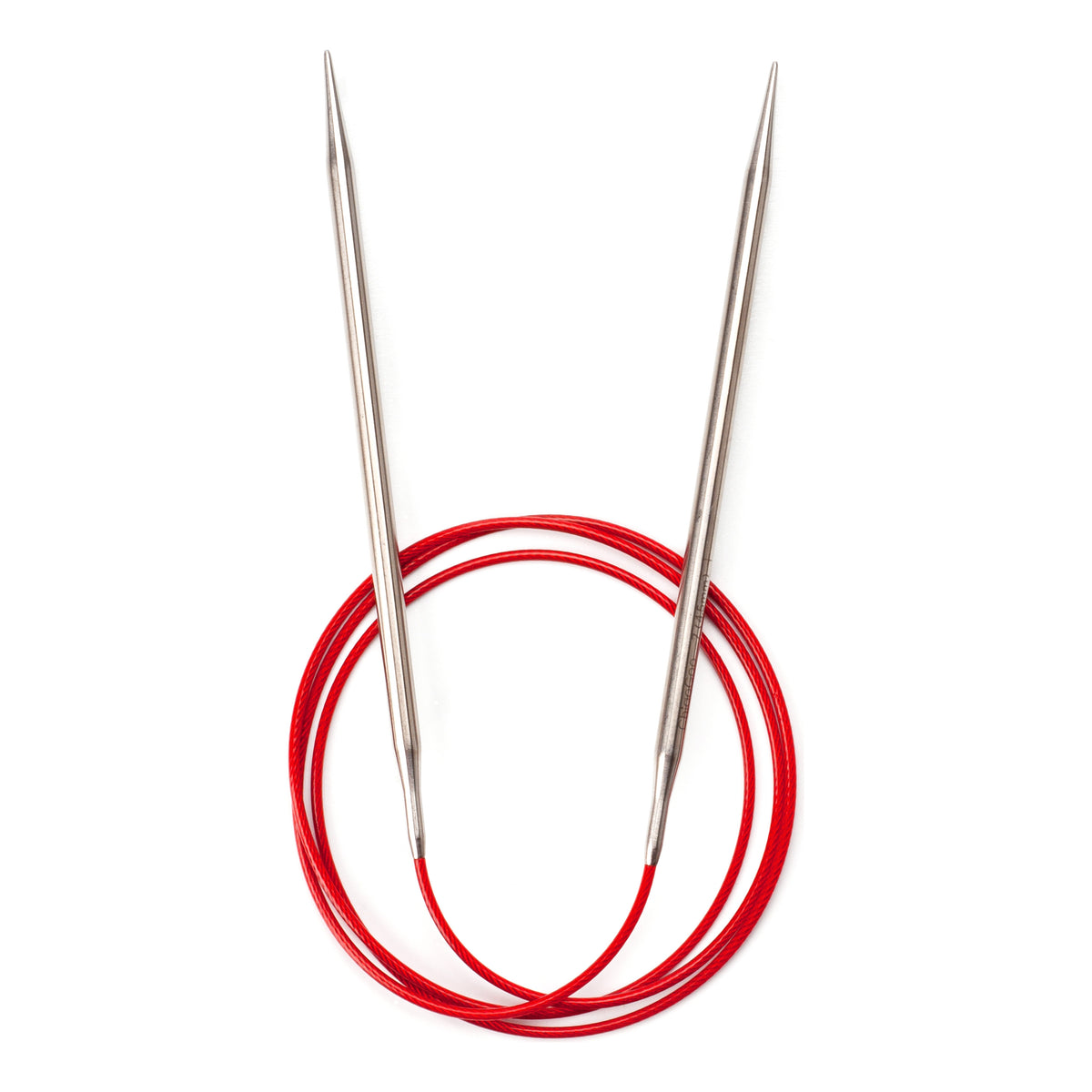 ChiaoGoo Red Lace 40-inch fixed circular knitting needle in surgical stainless steel, on a white background. The two straight tips point up inside two coils of red cable. The laser marking on one tip reads ChiaoGoo 7 (4.5mm).