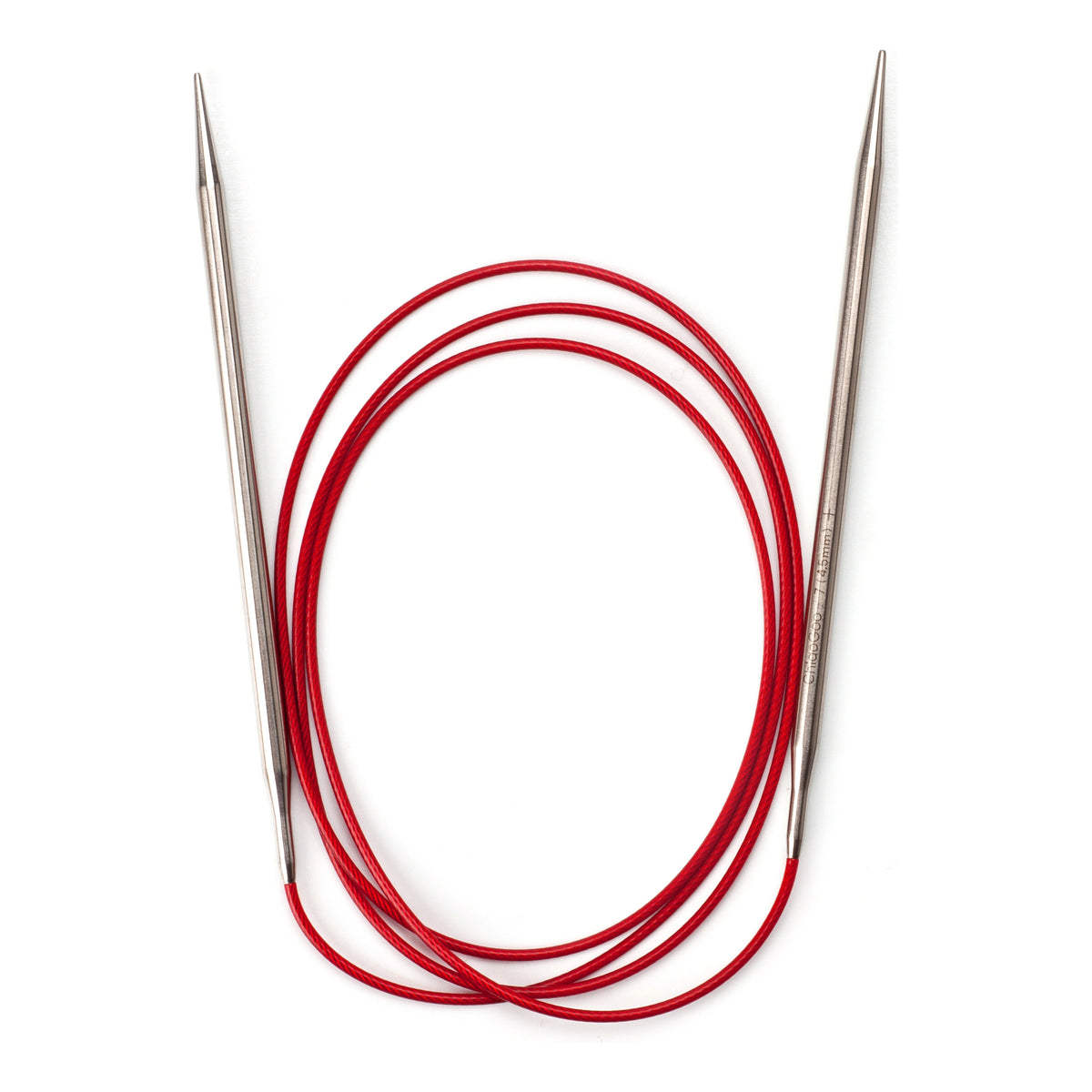 ChiaoGoo Red Lace 47-inch fixed circular knitting needle in surgical stainless steel, on a white background. The two straight tips point up, with the red cable in three coils between them. The laser marking on one tip reads ChiaoGoo 7 (4.5mm).
