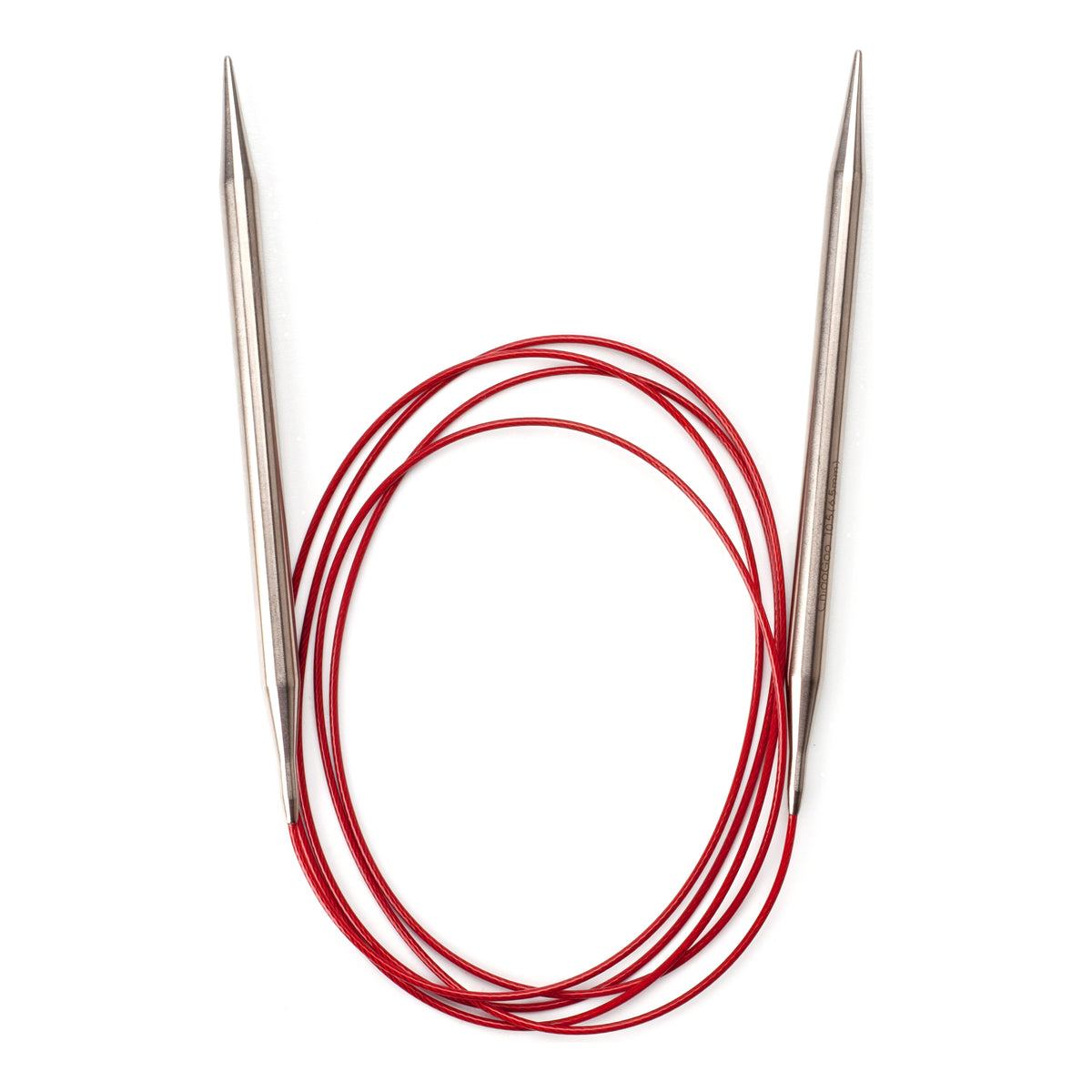 ChiaoGoo Red Lace 60-inch fixed circular knitting needle in surgical stainless steel, on a white background. The two straight tips point up, with the red cable in several coils between them. The laser marking on one tip reads ChiaoGoo 10.5 (6.5mm).