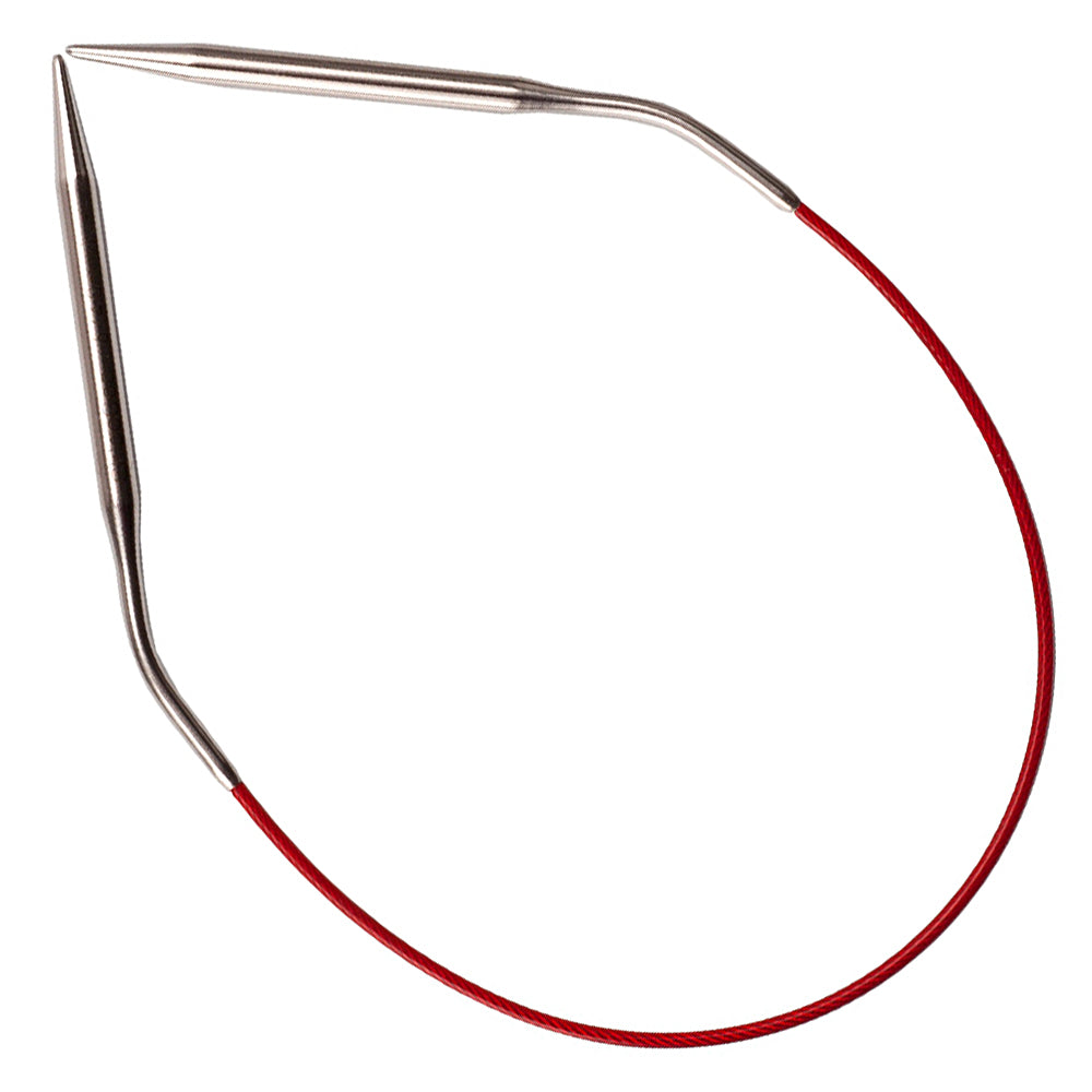 ChiaoGoo 12-inch Regular Red stainless steel circular knitting needle on a white background. The two steel tips meet at the upper left, and each tip bends where it joins the red cable. The cable forms a teardrop-shaped loop.