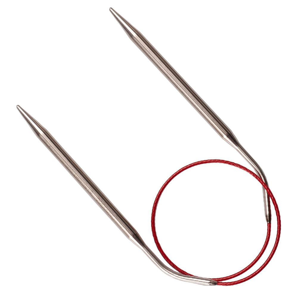ChiaoGoo Knit Red 16-inch fixed circular knitting needle in stainless steel, on a white background. The two steel tips lie side by side and point to the upper left, each with a bend where it joins the red cable, and the cable coils in a small loop at the lower right.
