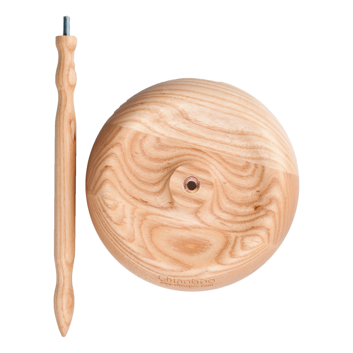 ChiaoGoo Yarn Butler taken apart, on a white background. The turned wood spindle lies at the left with its metal screw end at the top. The round wood base lies at the right, seen from above, with a metal socket in the center.
