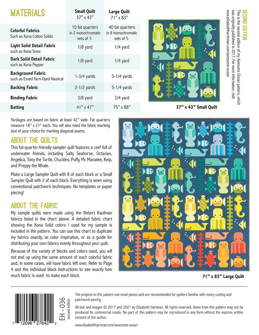 Back cover of Awesome Ocean second edition quilt pattern by Elizabeth Hartman showing materials chart for 37 by 43 inch small quilt and 71 by 83 inch large quilt, with fat quarter requirements in monochromatic groups of 5, and layout diagrams for both sizes showing all nine sea creature blocks in cool blue-green and warm yellow-orange rainbow color schemes.
