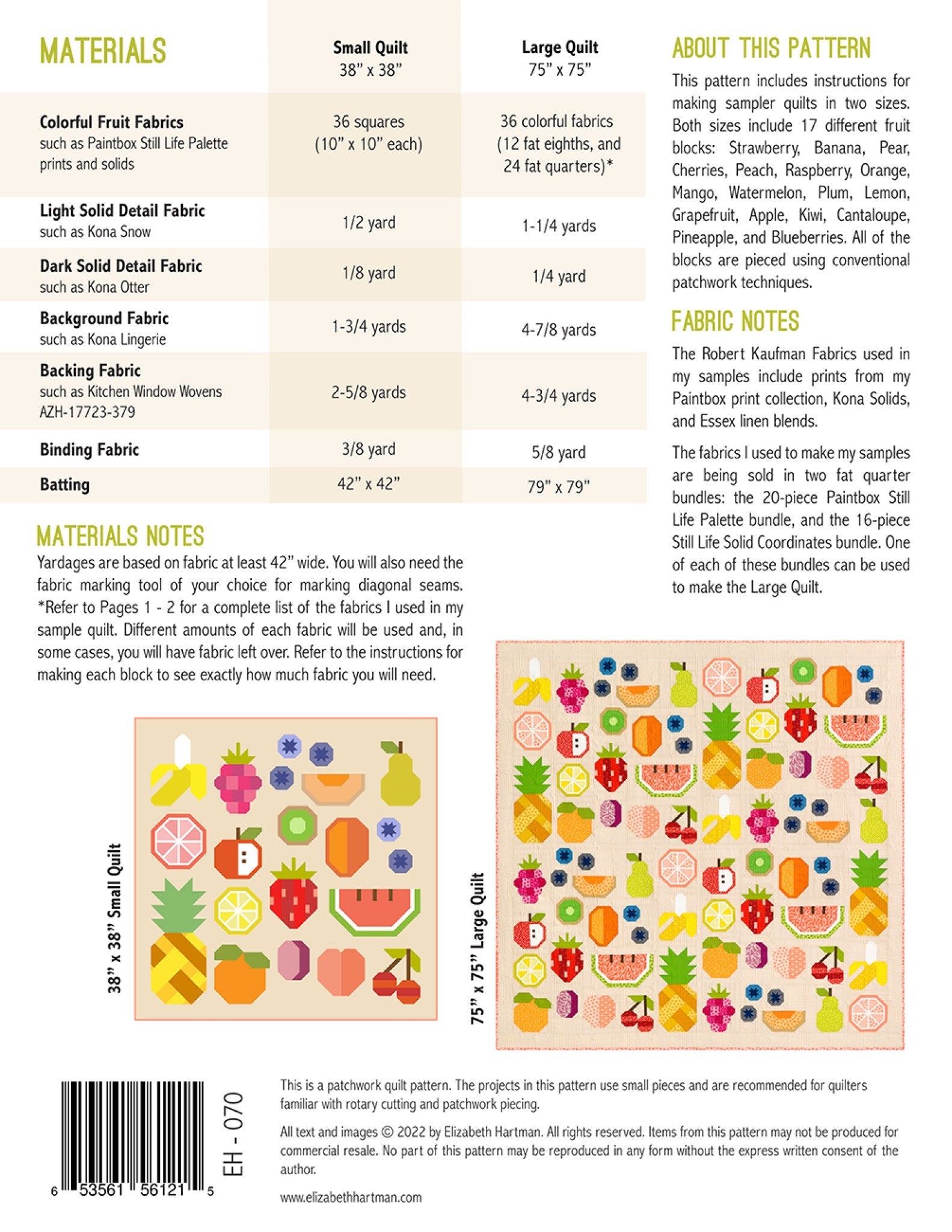 Back cover of The Produce Section quilt pattern by Elizabeth Hartman showing materials chart for 38 by 38 inch small quilt using 36 ten-inch squares and 75 by 75 inch large quilt using fat quarters and fat eighths, with fabric notes, and layout diagrams for both sizes showing all 17 fruit blocks in colorful arrangements.
