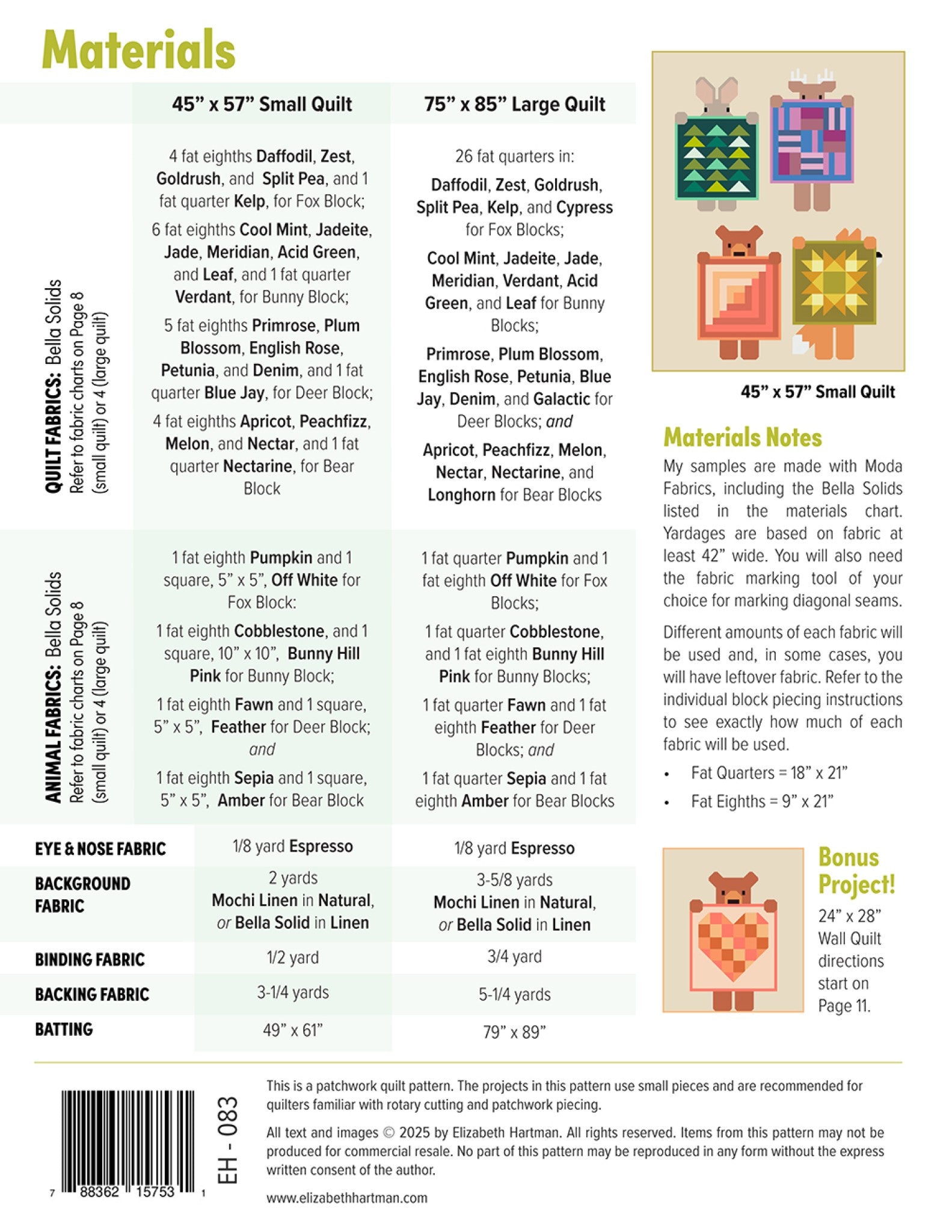 Back cover of Show and Tell quilt pattern by Elizabeth Hartman showing detailed materials chart for 45 by 57 inch small quilt and 75 by 85 inch large quilt, with Bella Solids color requirements for each animal block and a bonus 24 by 28 inch wall quilt project.