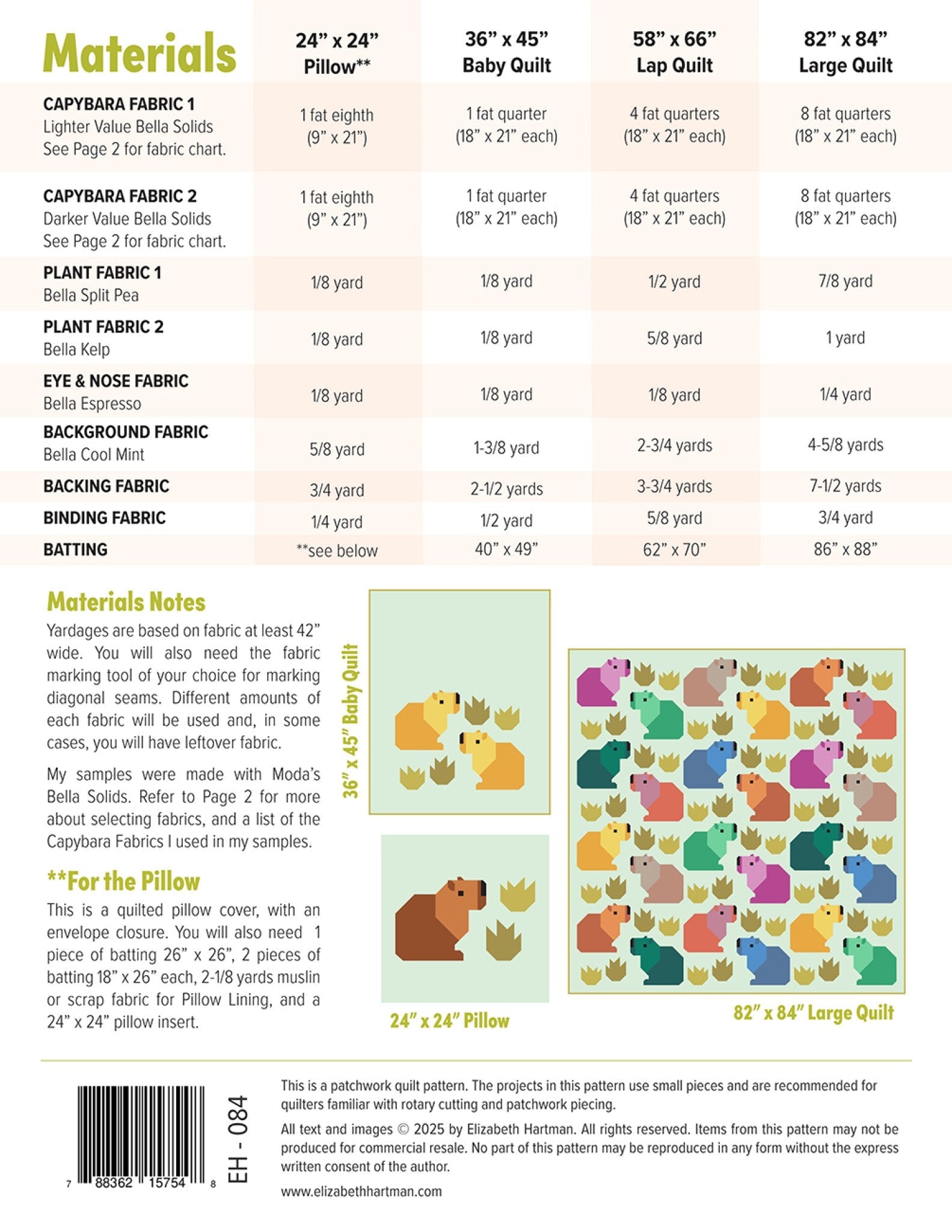 Back cover of Capybara Club quilt pattern by Elizabeth Hartman showing materials chart for 24 by 24 inch pillow, 36 by 45 inch baby quilt, 58 by 66 inch lap quilt, and 82 by 84 inch large quilt, with fat quarter requirements for lighter and darker value capybara fabrics, plant fabric yardages, and layout diagrams for baby quilt, pillow, and large quilt in a full rainbow of capybara colors.