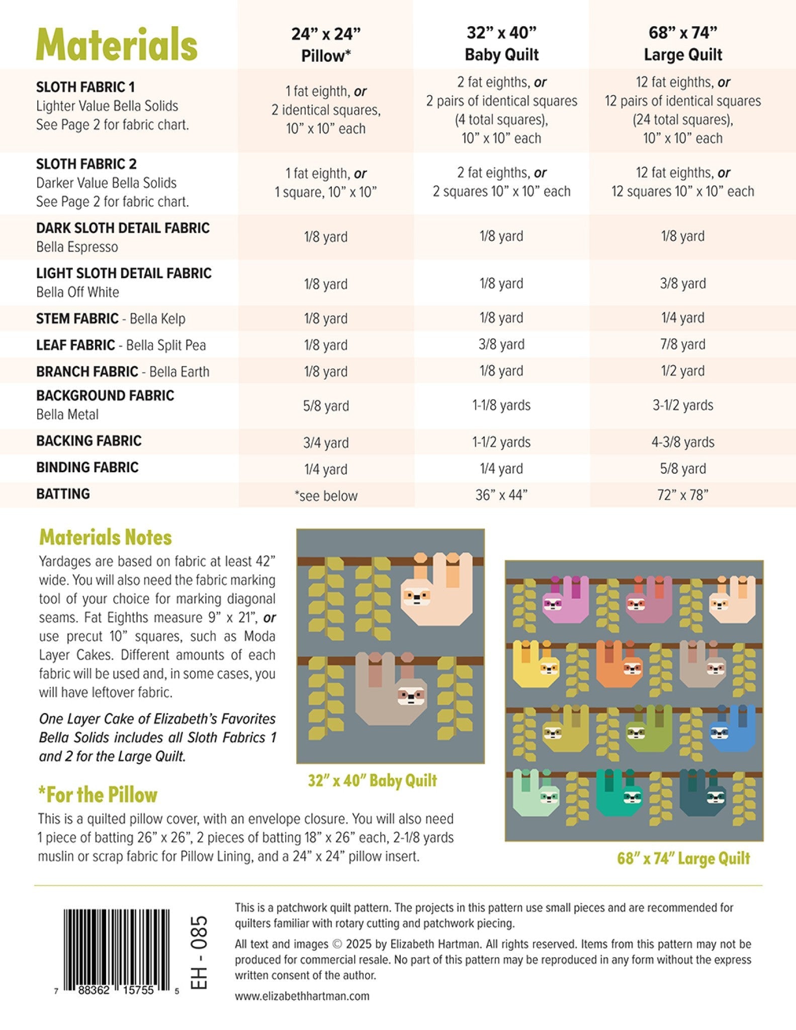 Back cover of Snuggly Sloths quilt pattern by Elizabeth Hartman showing materials chart for 24 by 24 inch pillow, 32 by 40 inch baby quilt, and 68 by 74 inch large quilt, with fat eighth and 10 inch square requirements for lighter and darker value sloth fabrics, vine and branch fabric yardages, and layout diagrams for baby and large quilts showing sloths in a full rainbow of Bella Solids colors.