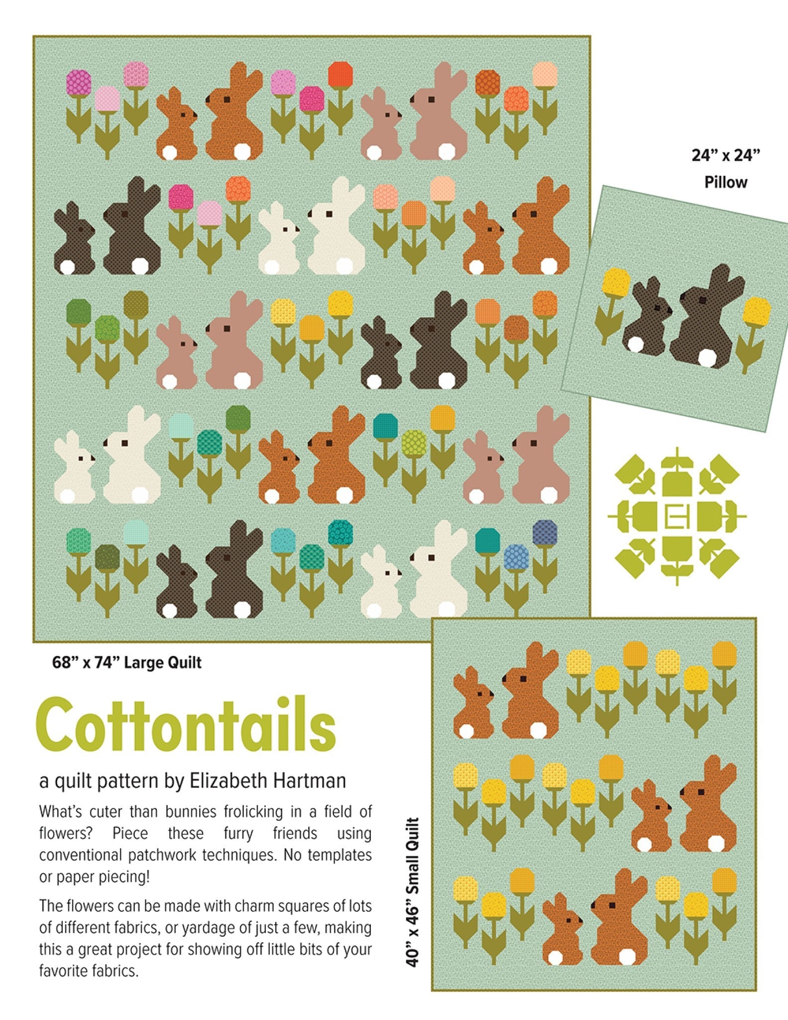 Cottontails quilt pattern cover by Elizabeth Hartman. Large quilt draped over a chair shows patchwork bunnies in white, gray, brown, and chocolate colorways scattered among multicolored tulip flowers on a pale mint background with yellow-green binding. Inset diagrams show the 40 by 46 inch small quilt in caramel tones and the 24 by 24 inch pillow with two dark brown bunnies.
