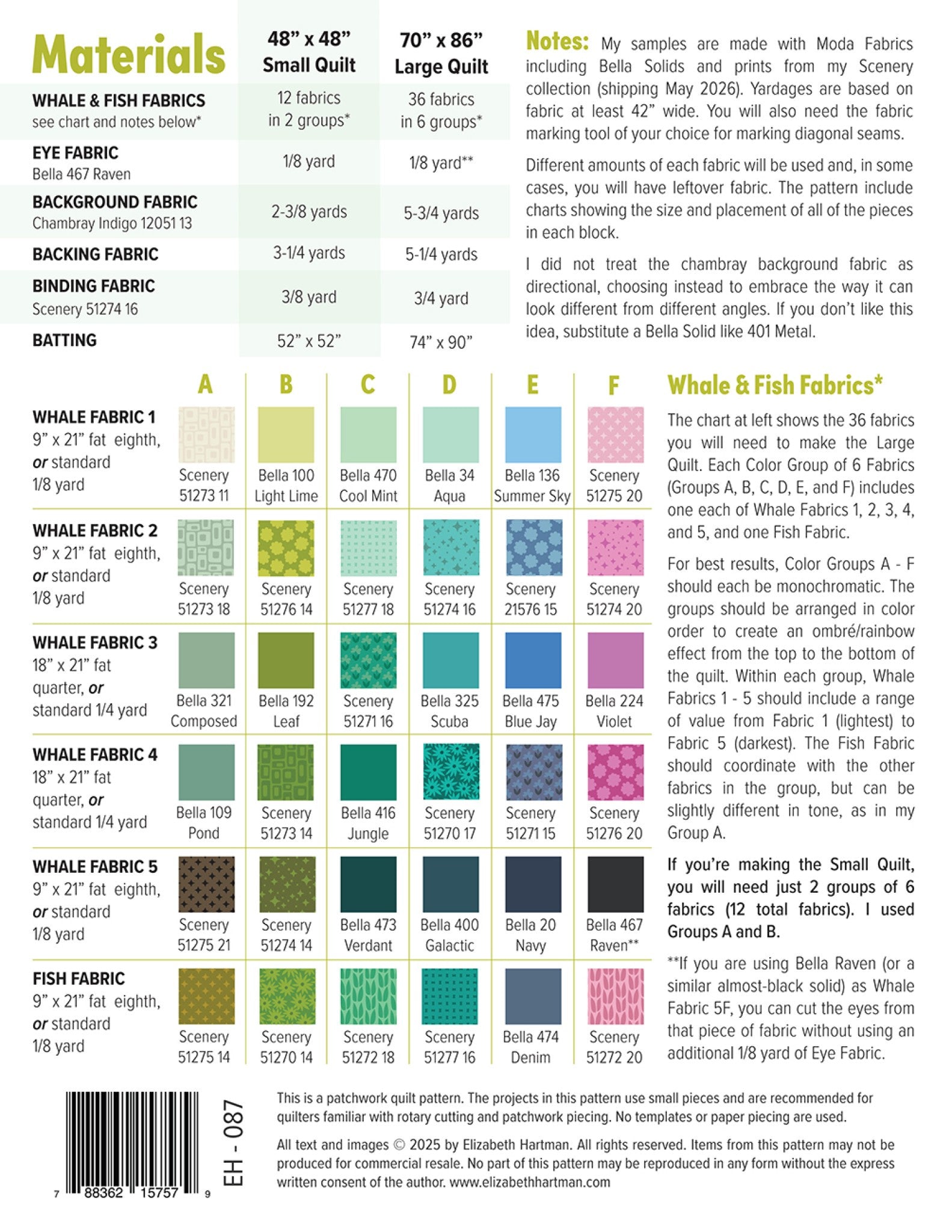 Back cover of Whale Watching quilt pattern by Elizabeth Hartman showing materials chart for 48 by 48 inch small quilt and 70 by 86 inch large quilt, with a detailed color group chart showing 36 whale and fish fabrics organized into 6 monochromatic groups for the ombre rainbow effect, and yardage requirements.