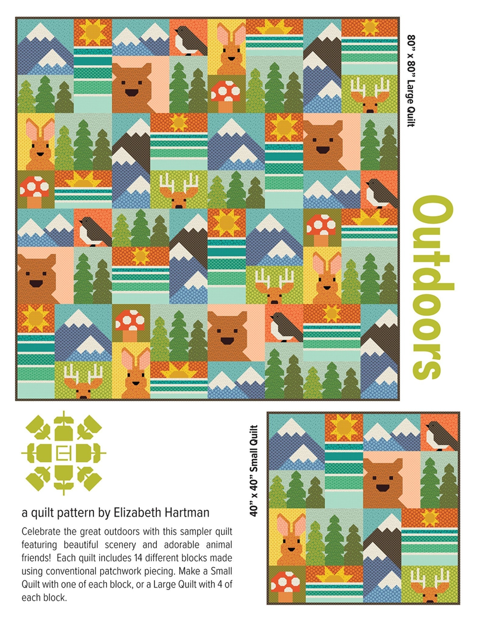 Outdoors quilt pattern cover by Elizabeth Hartman. Large 80 by 80 inch quilt shown against a wall displays 14 different patchwork blocks including snow-capped mountains, evergreen trees, bears, rabbits, birds, mushrooms, and sunbursts in colorful prints on varied backgrounds. Inset shows the 40 by 40 inch small quilt with one of each block in a 4 by 4 grid.