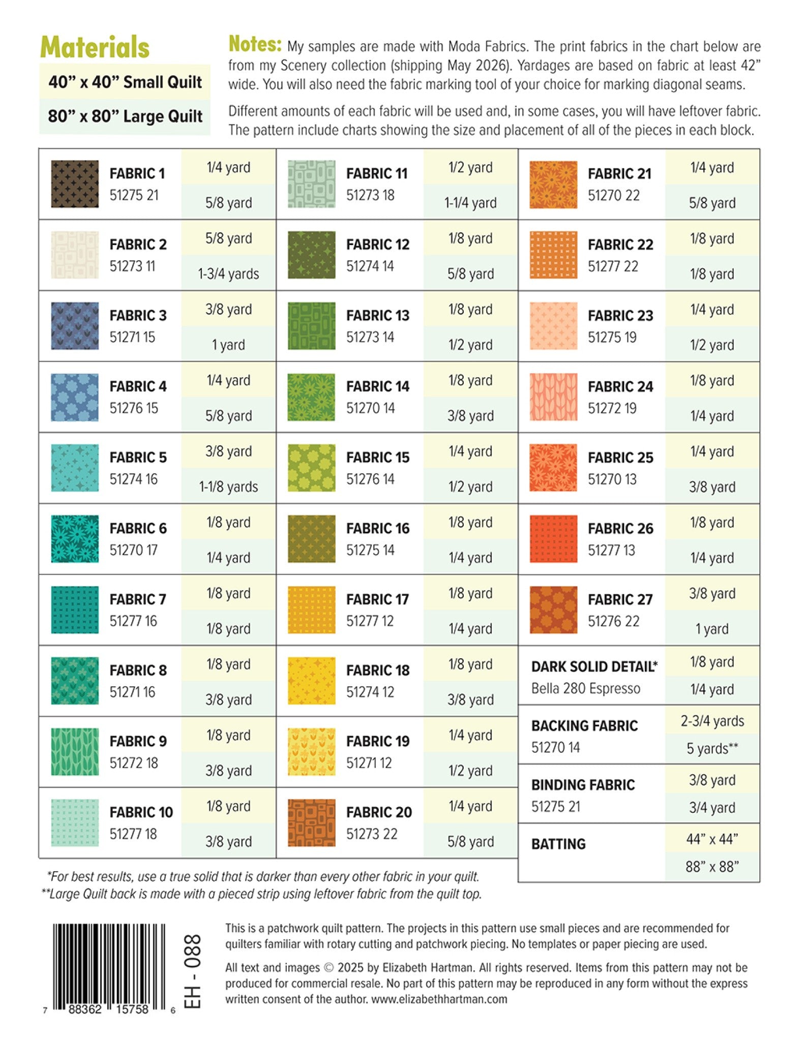 Back cover of Outdoors quilt pattern by Elizabeth Hartman showing a 27-fabric materials chart with yardage requirements for the 40 by 40 inch small quilt and 80 by 80 inch large quilt, notes on the Scenery and Bella Solids fabric options, and details on the pieced backing for the large quilt.