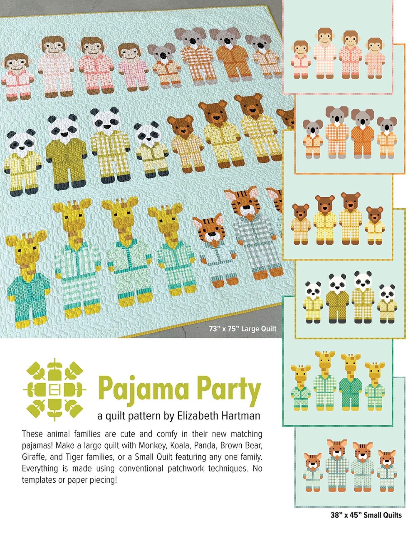 Pajama Party quilt pattern by Elizabeth Hartman. Front cover showing the 73 by 75 inch large quilt with six animal families in matching pajamas, monkeys, koalas, pandas, brown bears, giraffes, and tigers, arranged in color-grouped rows on a pale aqua background, with panels of the 38 by 45 inch small quilts each featuring one family of four.