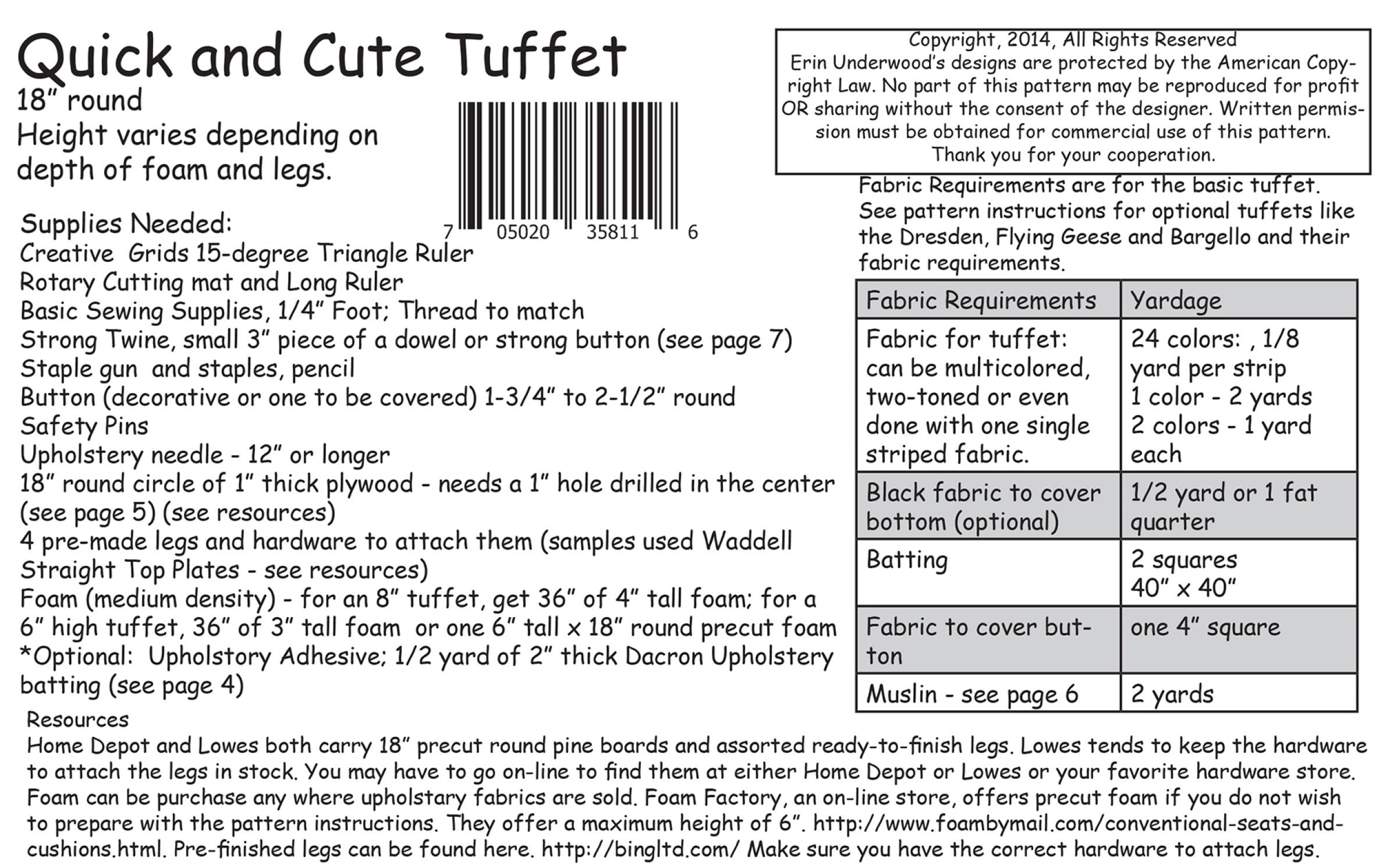 Pattern envelope for 'Quick and Cute Tuffet' with fabric requirements and supplies listed.