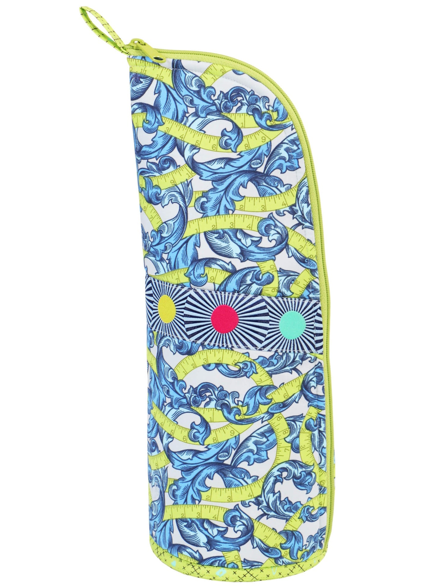 A large Flipping Out case zipped closed in a blue and green floral print, standing upright.
