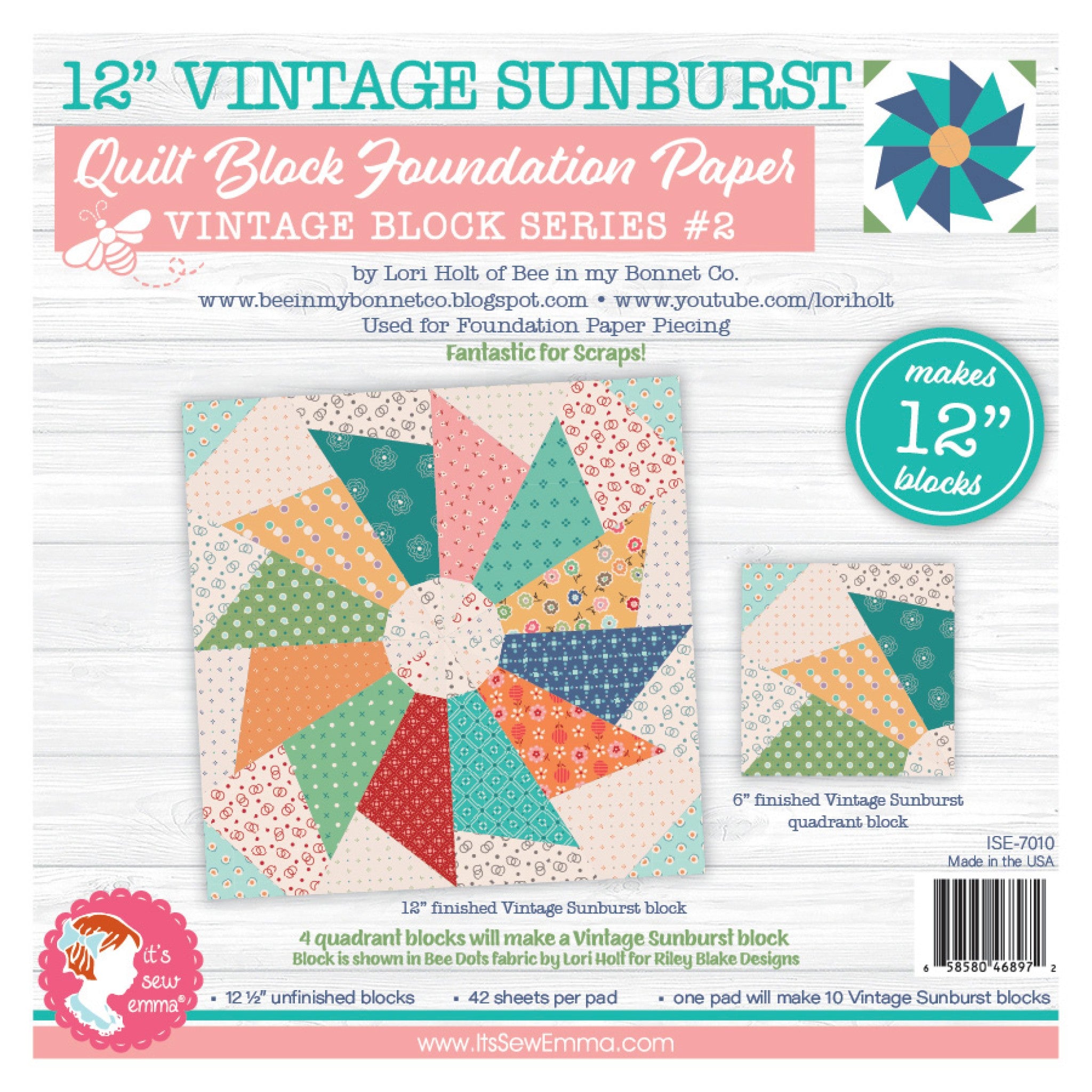 12In Vintage Sunbursts Quilt Block Foundation Papers by Lori Holt from It's Sew Emma
