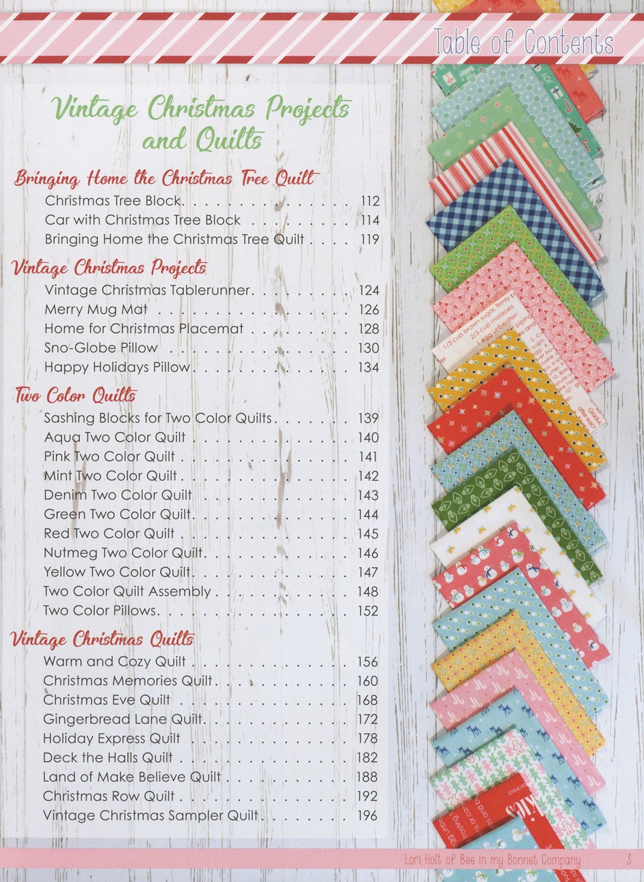 Second Table of Contents page from Vintage Christmas by Lori Holt for It's Sew Emma, listing the Christmas projects and quilts, including the tablerunner, mug mat, placemat, pillows, two-color quilts, and the Vintage Christmas Sampler.