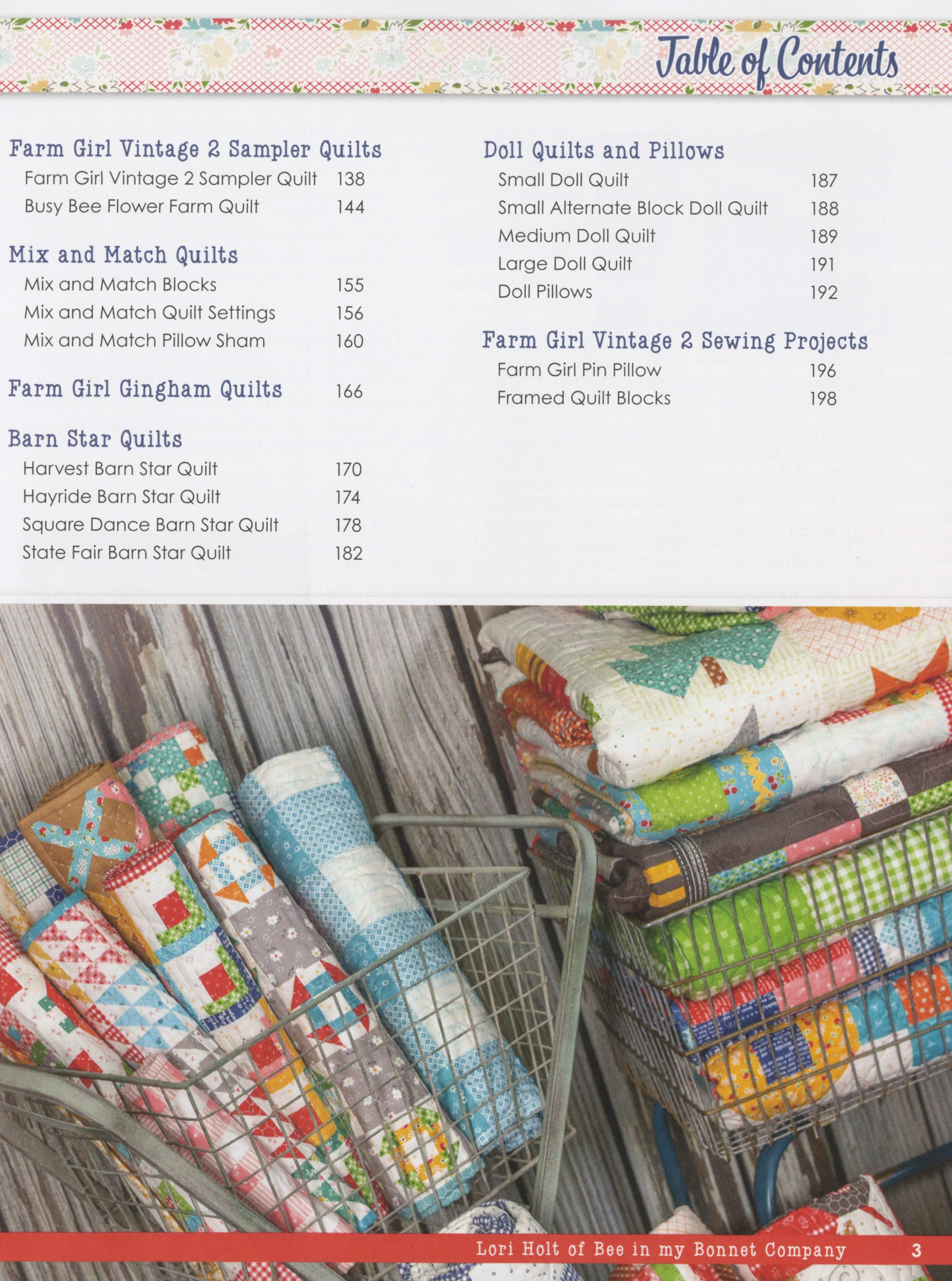 Second Table of Contents page from Farm Girl Vintage 2 by Lori Holt for It's Sew Emma, listing the sampler quilts, mix-and-match quilts, gingham quilts, barn star quilts, doll quilts and pillows, and sewing projects, with folded quilts in a wire cart.