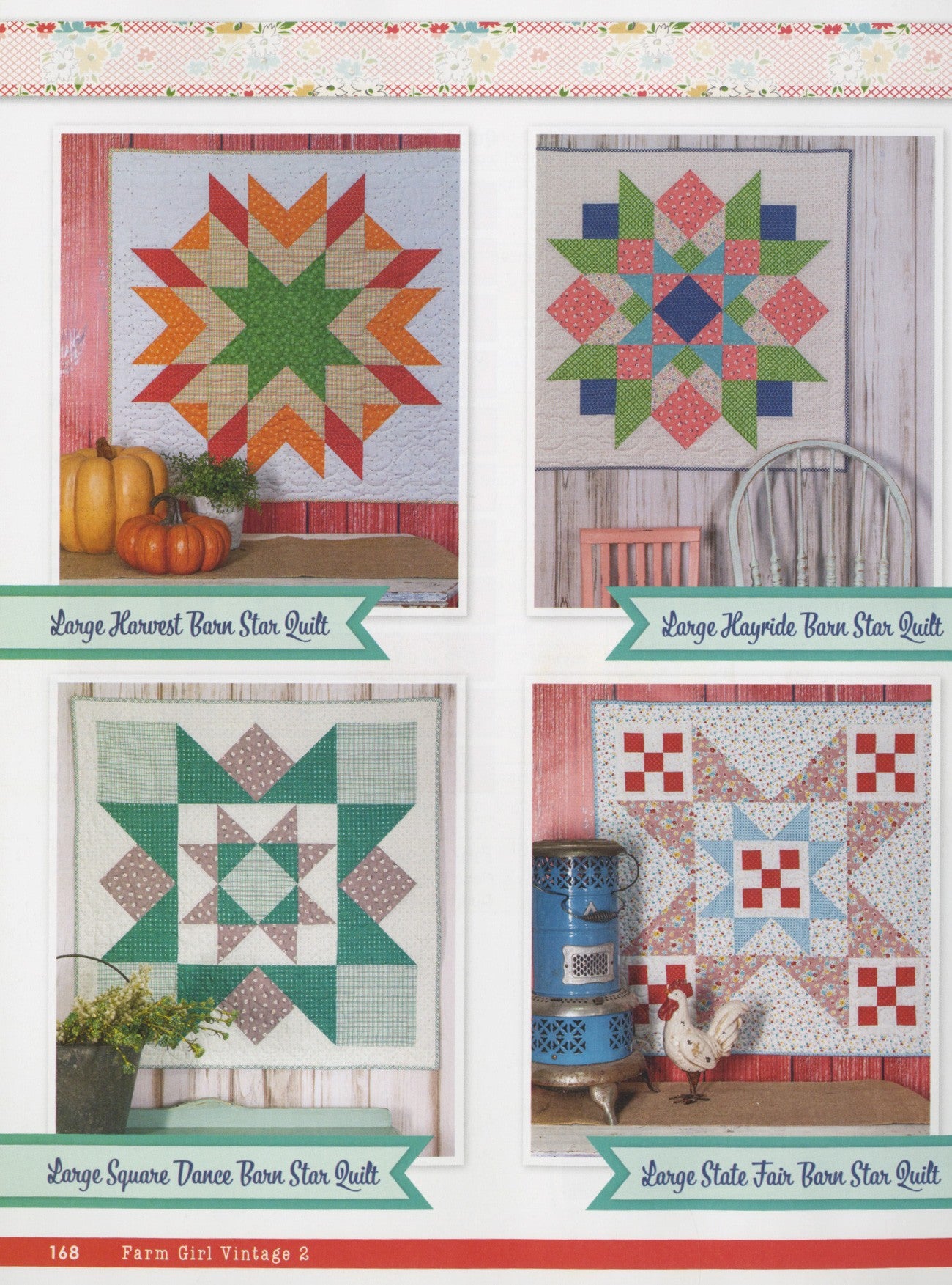Four large Barn Star quilts from Farm Girl Vintage 2 by Lori Holt for It's Sew Emma, labeled Harvest, Hayride, Square Dance, and State Fair, each a scrappy star block on a wood-plank wall.